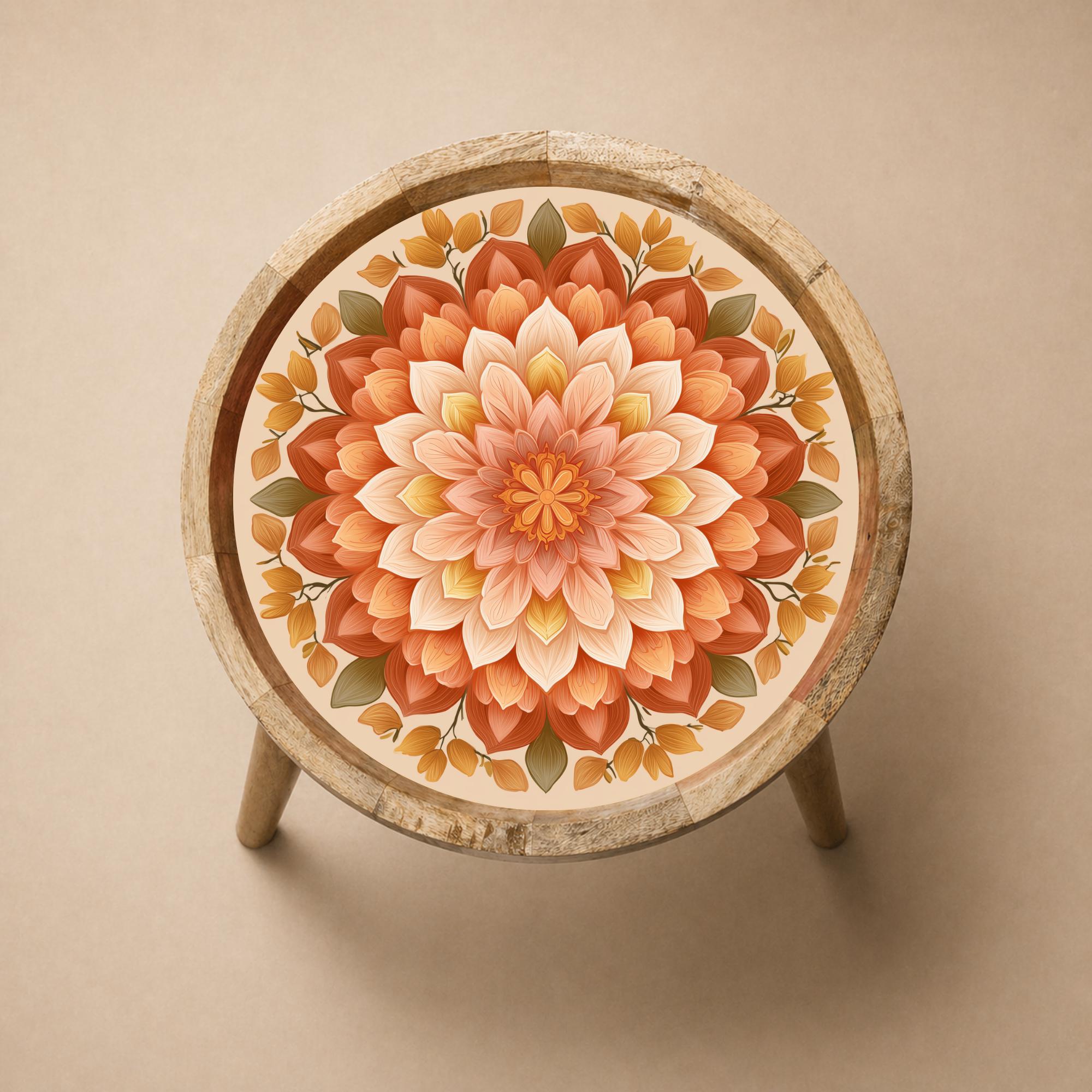 Orange Floral Mandala Mango Wood Side Table | Boho Rustic Round Accent Furniture