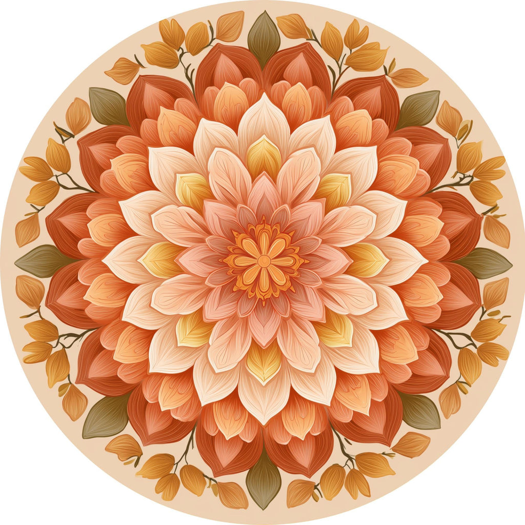 Orange Floral Mandala Mango Wood Side Table | Boho Rustic Round Accent Furniture