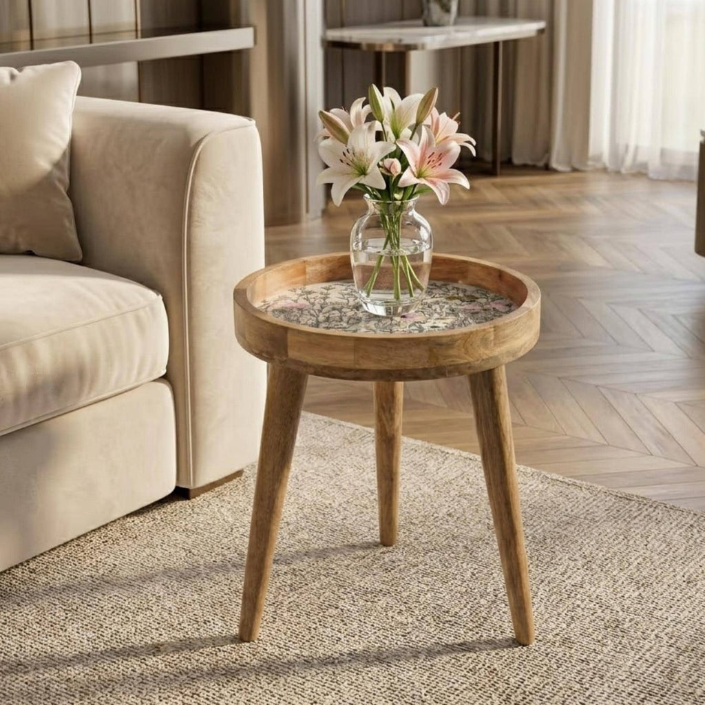 Wildflower Mango Wood Side Table | Botanical Floral Accent Furniture