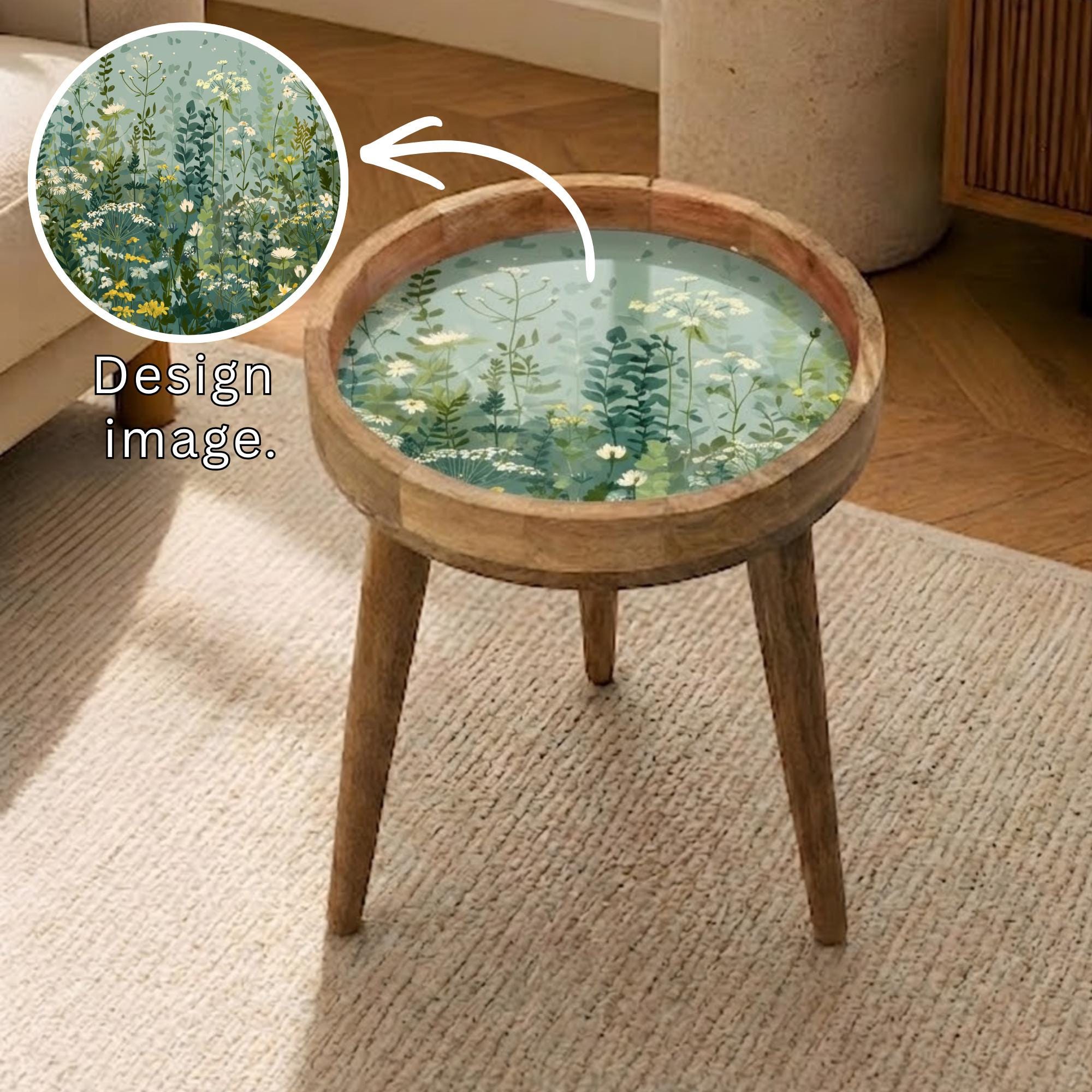 Wildflower Meadow Mango Wood Side Table | Botanical Green Floral Accent Table