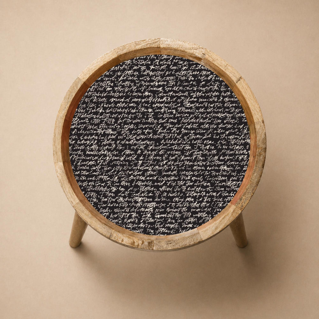 Script Art Mango Wood Side Table | Black Handwritten Text Accent Furniture