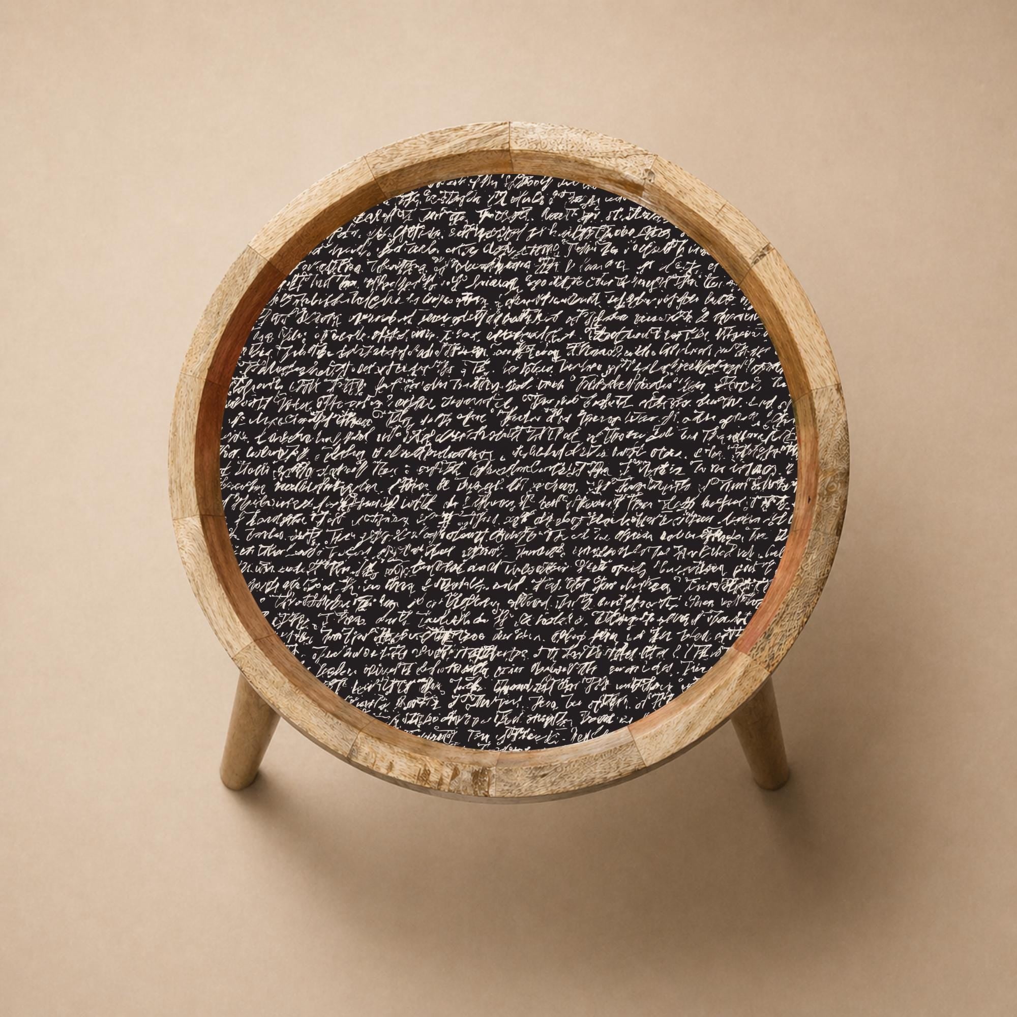 Script Art Mango Wood Side Table | Black Handwritten Text Accent Furniture