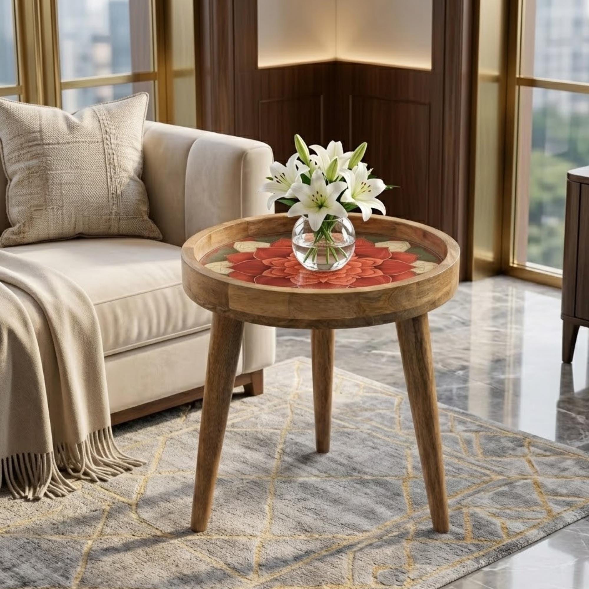 Lotus Mandala Mango Wood Side Table | Red Floral Boho Accent Furniture