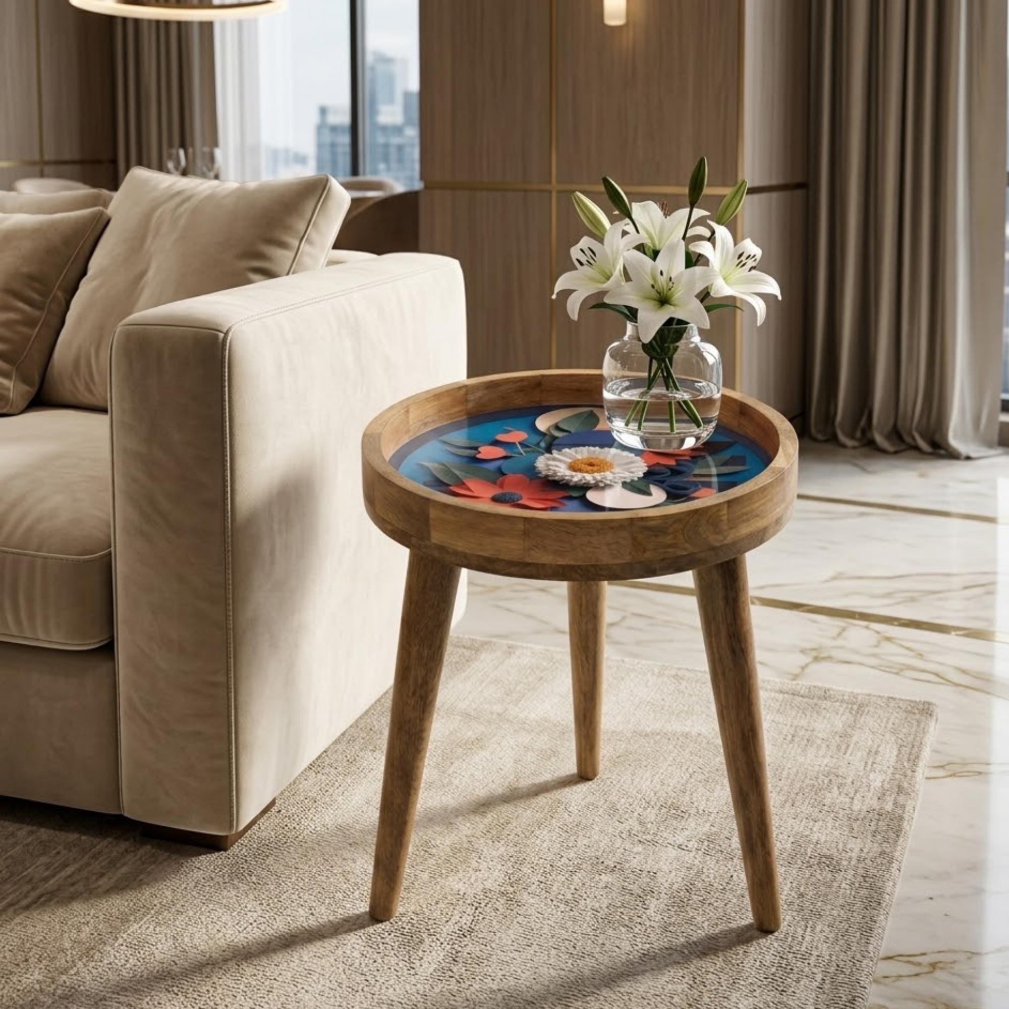 Abstract Floral Mango Wood Side Table | Blue Modern Boho Accent Furniture