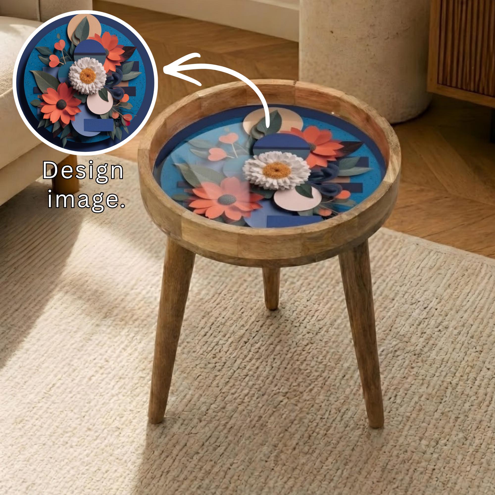 Abstract Floral Mango Wood Side Table | Blue Modern Boho Accent Furniture