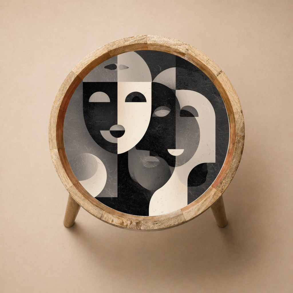 Abstract Face Mango Wood Side Table | Modern Black White Boho Accent Furniture