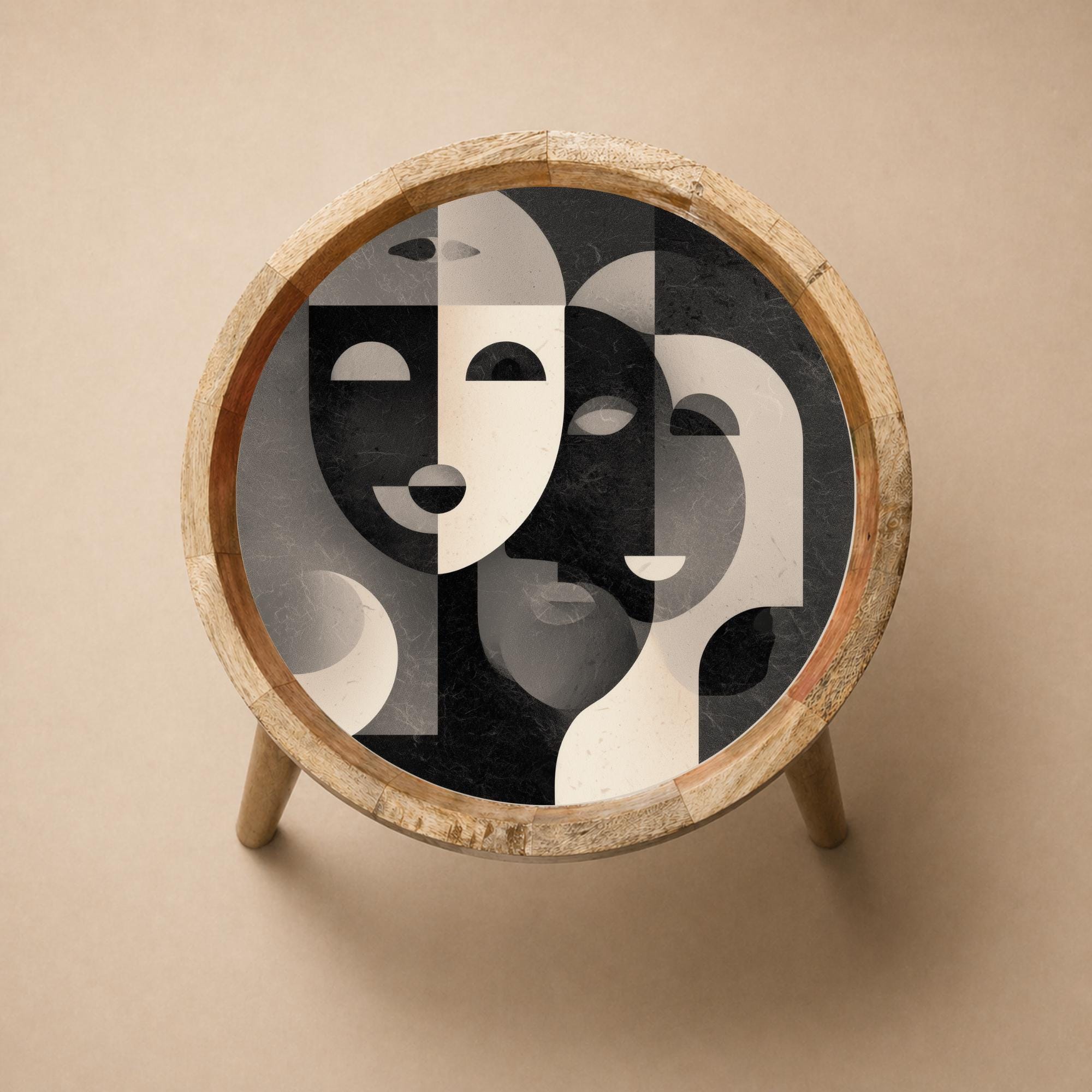 Abstract Face Mango Wood Side Table | Modern Black White Boho Accent Furniture