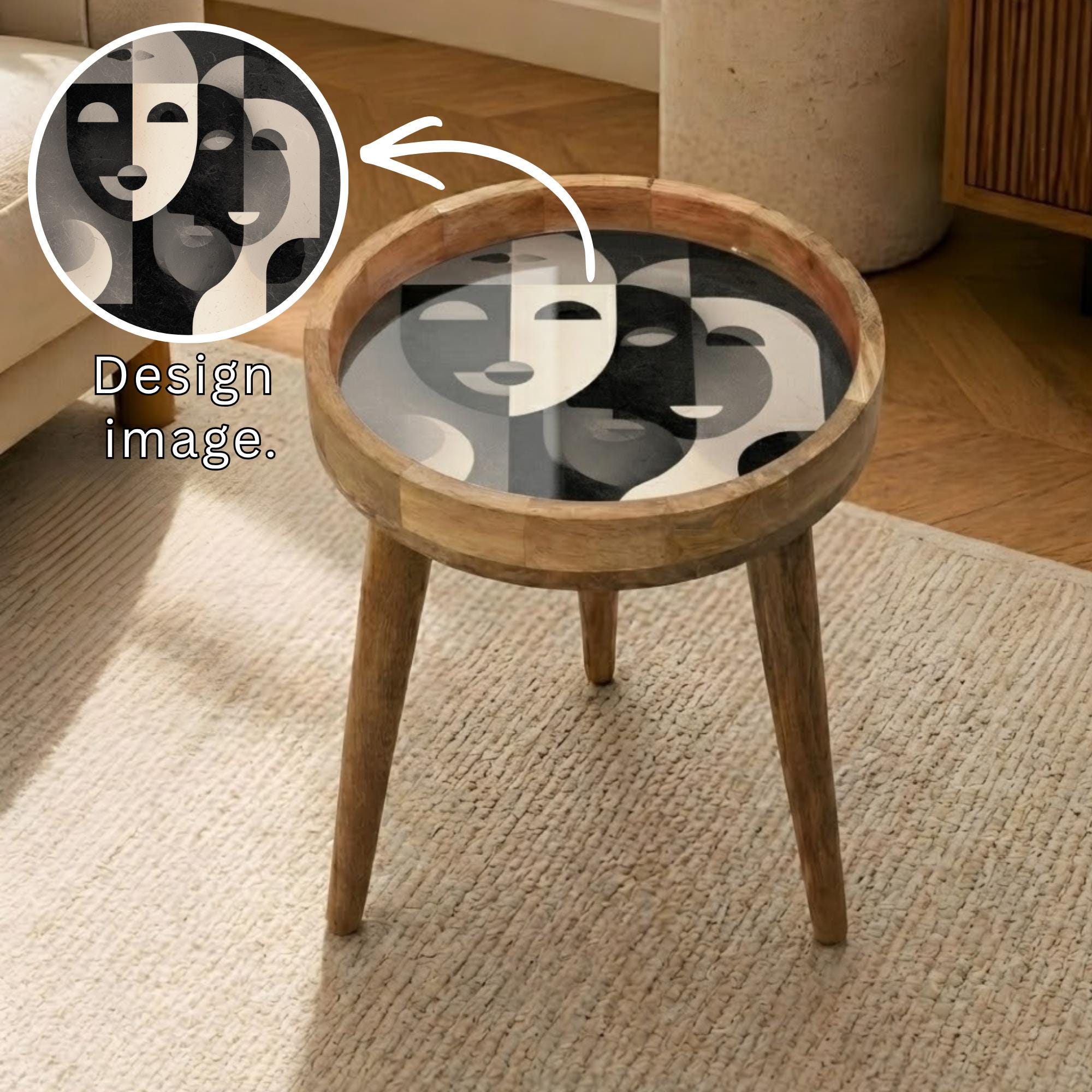Abstract Face Mango Wood Side Table | Modern Black White Boho Accent Furniture