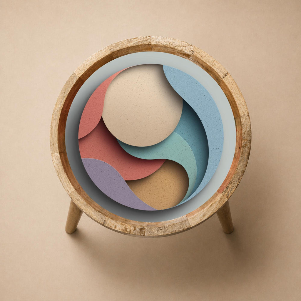 Abstract Printed Mango Wood Side Table | Pastel Geometric Boho Accent Furniture