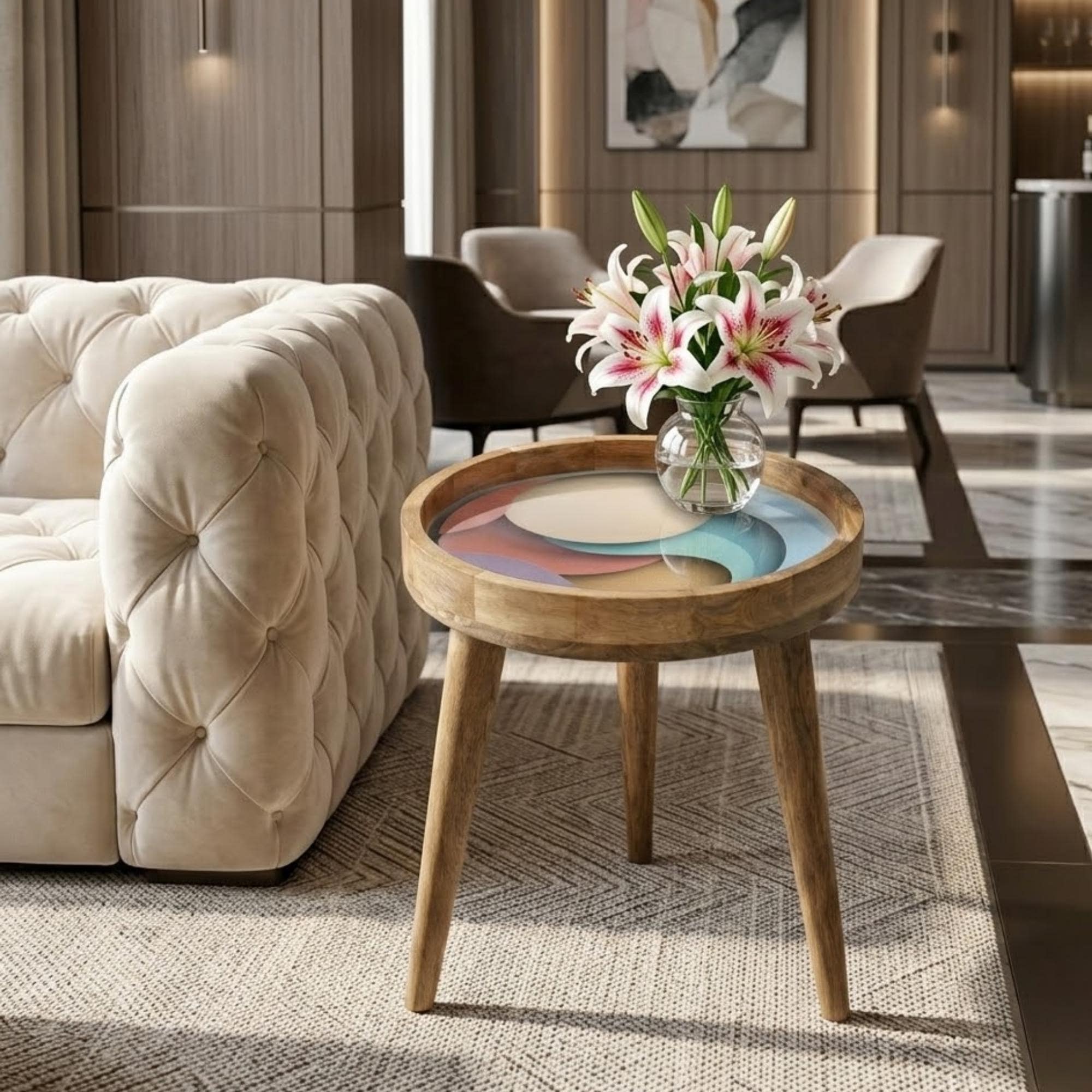 Abstract Printed Mango Wood Side Table | Pastel Geometric Boho Accent Furniture