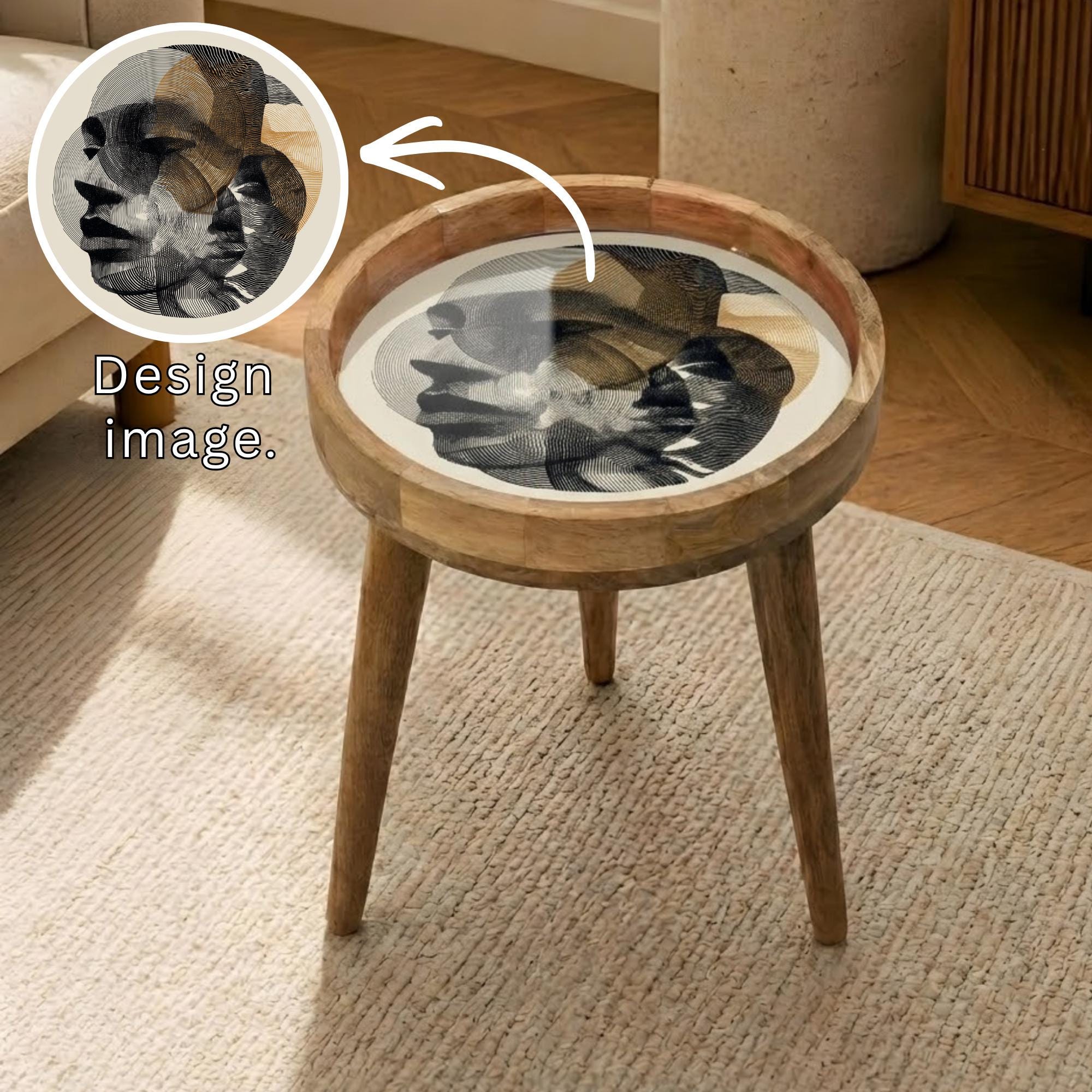 Abstract Face Mango Wood Side Table | Handmade Boho Accent Furniture