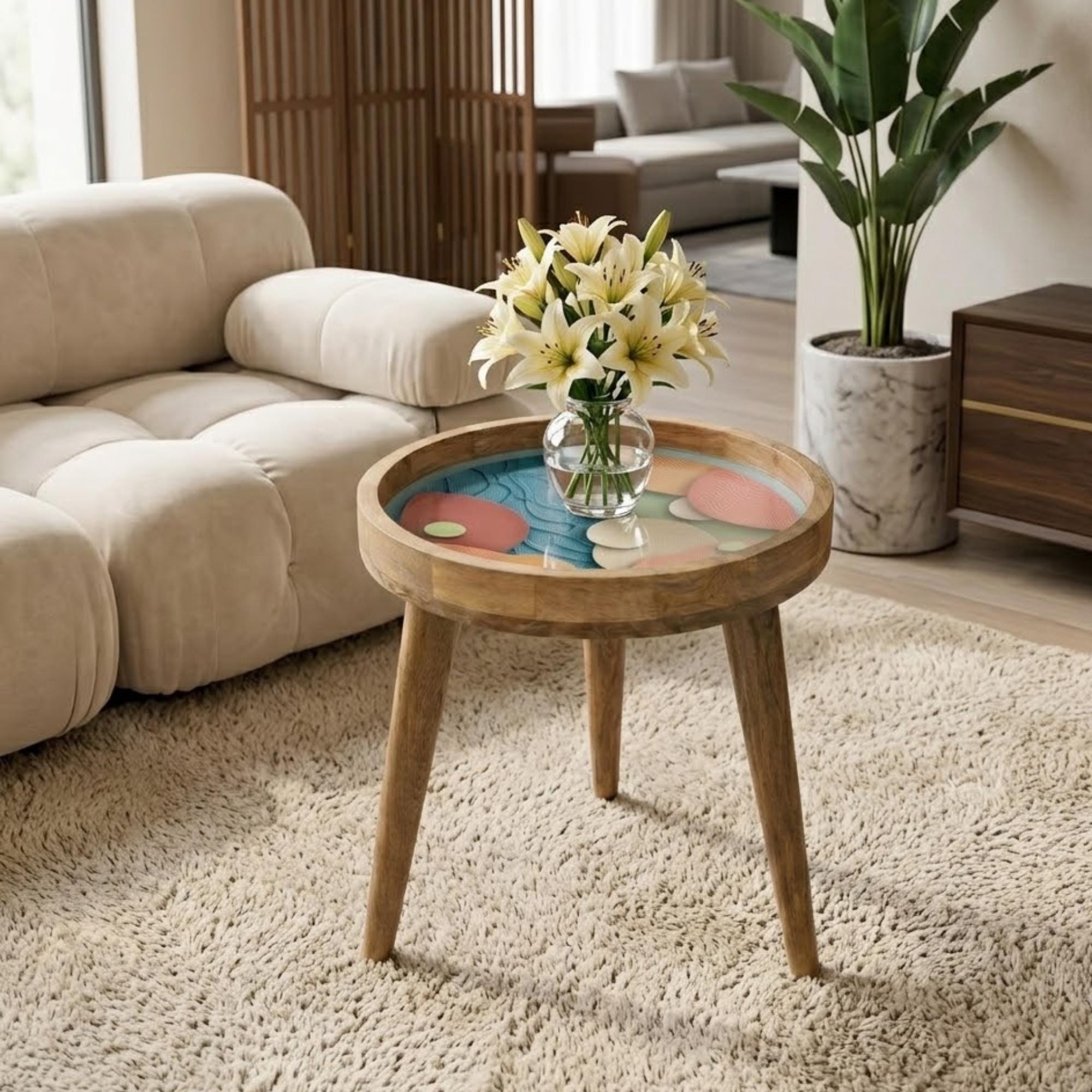 Abstract Mango Wood Side Table | Geometric Boho Accent Furniture