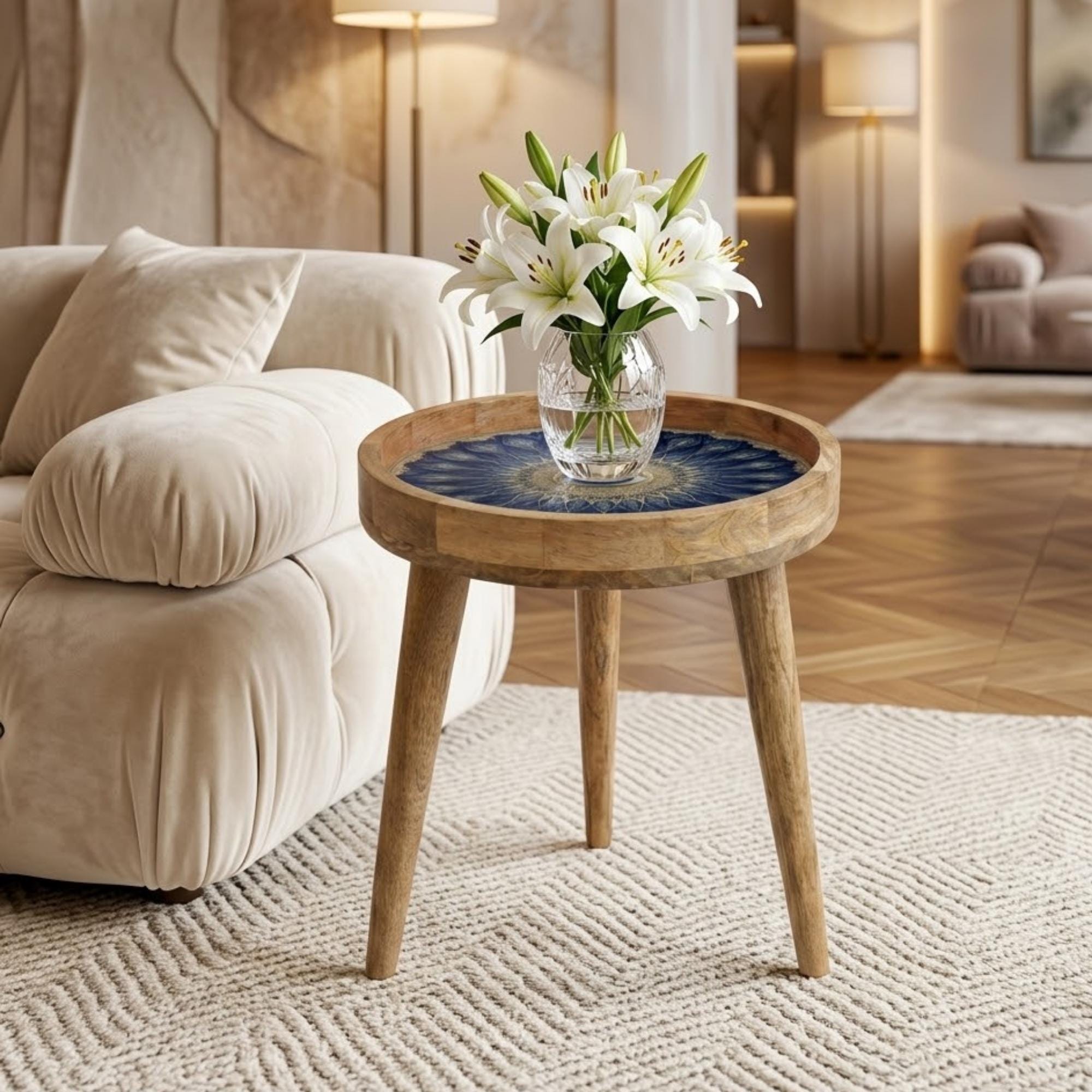 Evil Eye Mandala Mango Wood Side Table | Blue Boho Accent Furniture