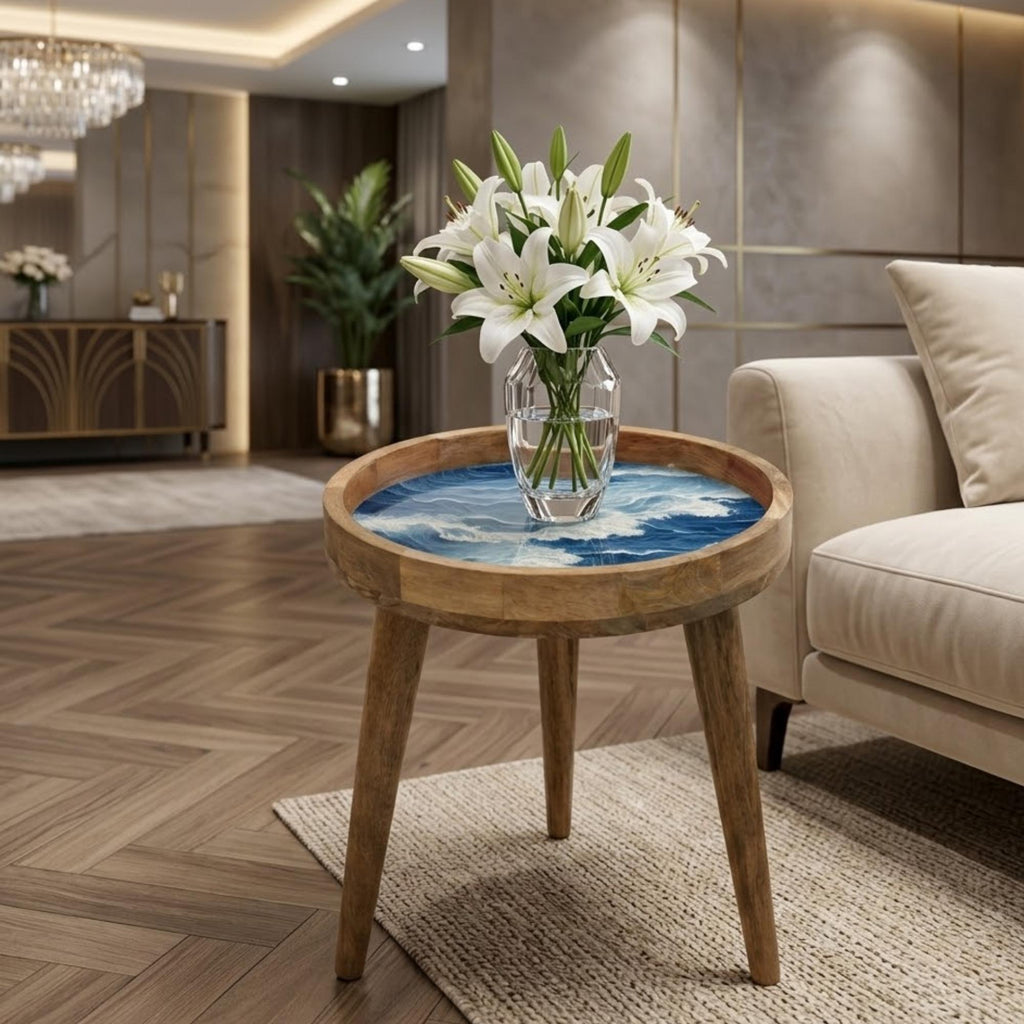 Ocean Wave Mango Wood Side Table | Coastal Boho Accent Furniture