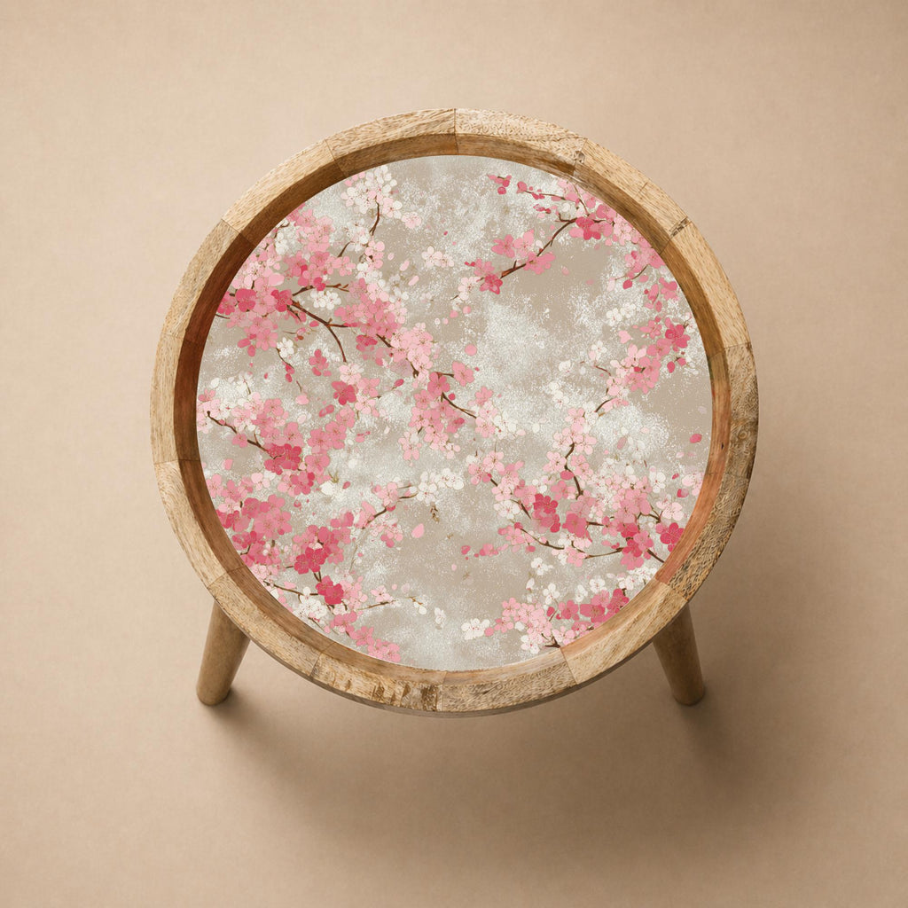 Handmade Cherry Blossom Mango Wood Side Table | Japanese Boho Accent Furniture