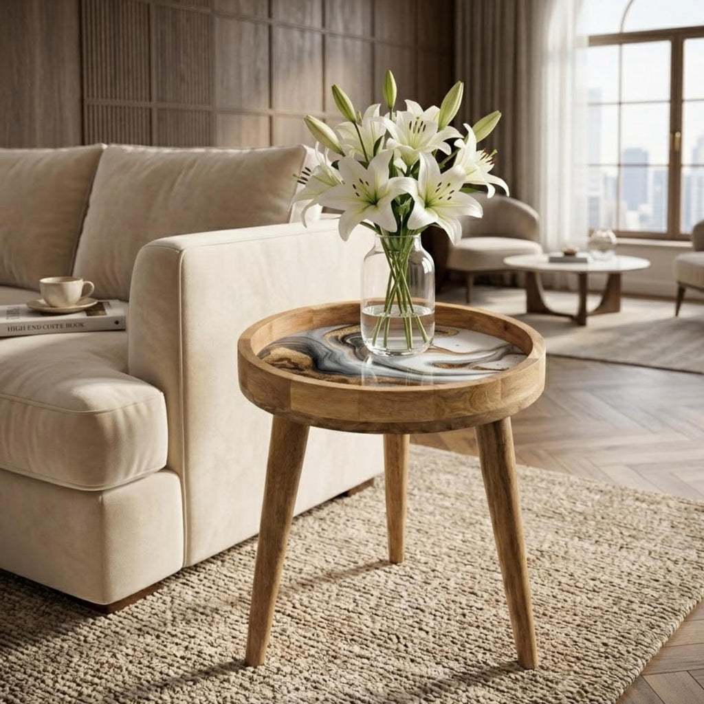 Marble Print Mango Wood Side Table | Abstract Gold Swirl Accent Furniture