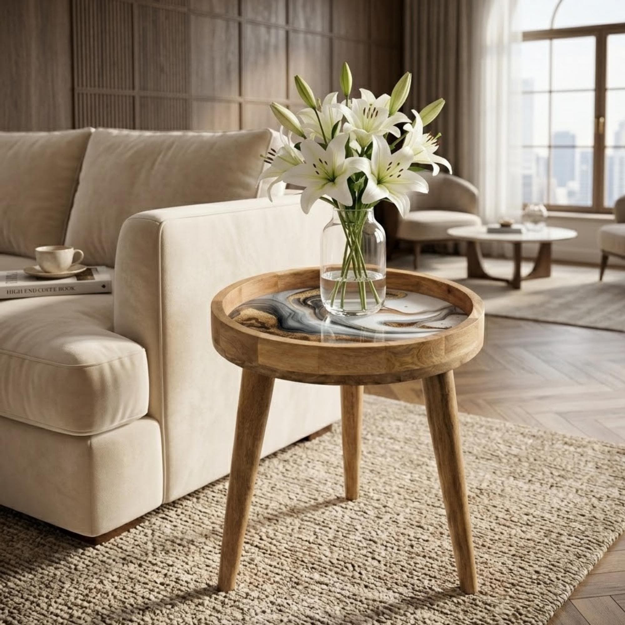 Marble Print Mango Wood Side Table | Abstract Gold Swirl Accent Furniture