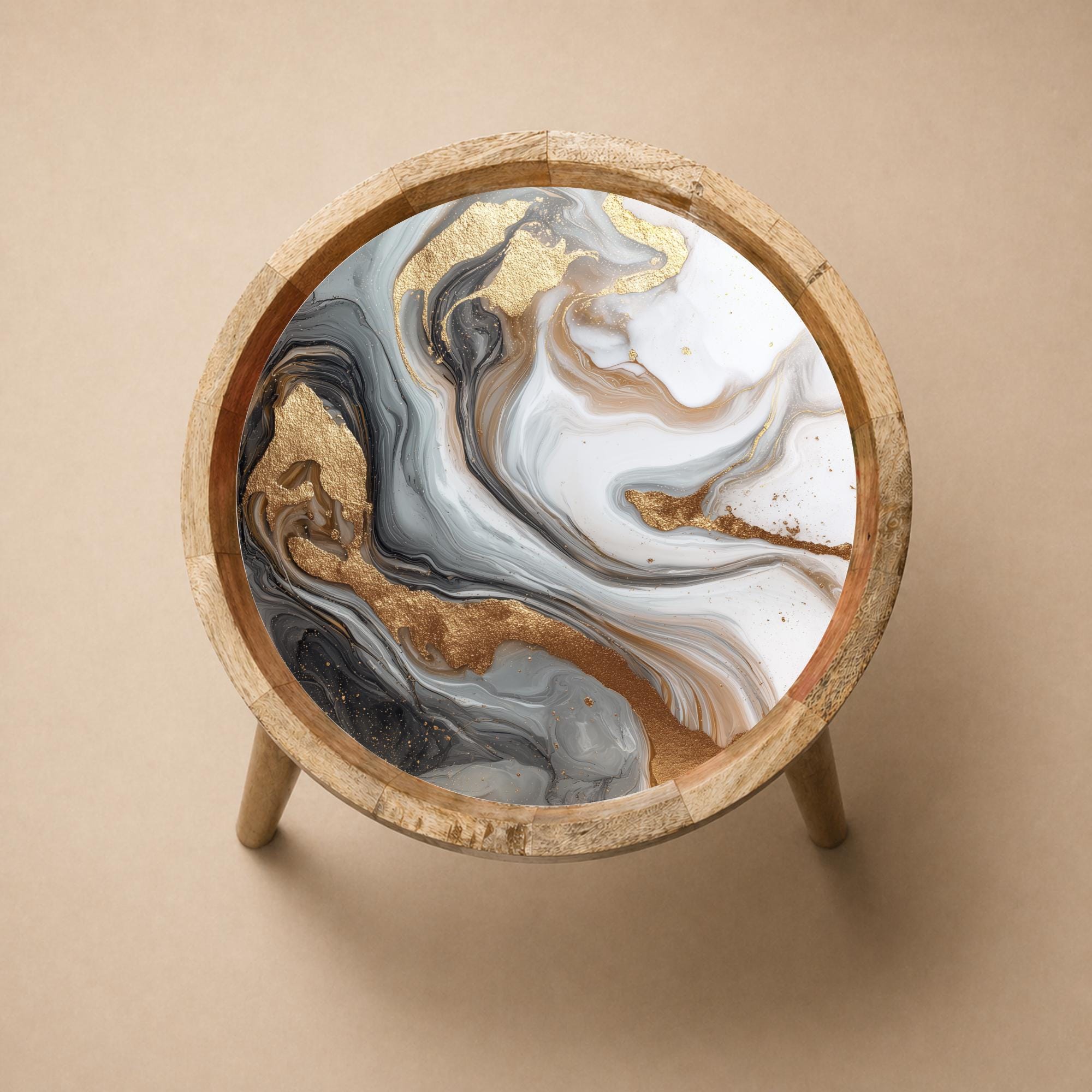 Marble Print Mango Wood Side Table | Abstract Gold Swirl Accent Furniture