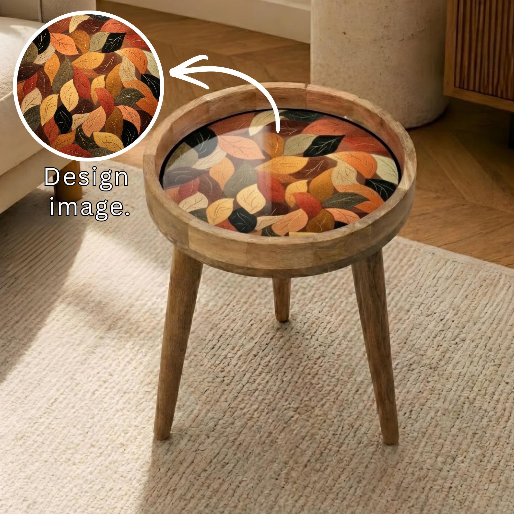 Autumn Leaf Mango Wood Side Table | Rustic Boho Accent Furniture Handmade Decor