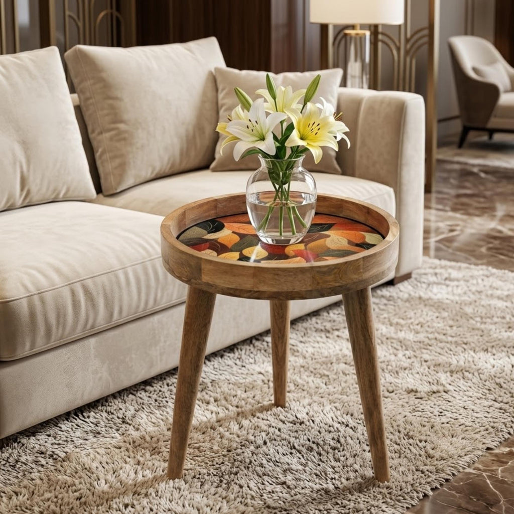 Autumn Leaf Mango Wood Side Table | Rustic Boho Accent Furniture Handmade Decor