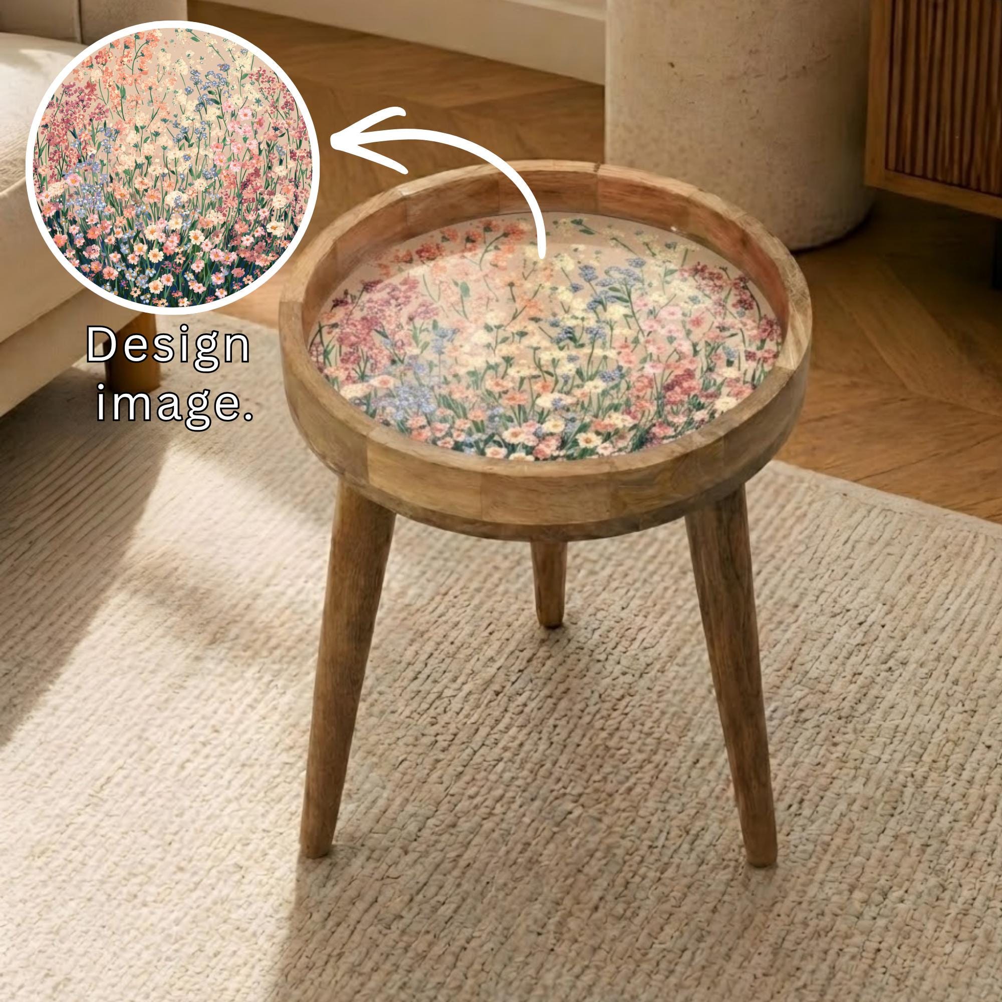 Floral Meadow Mango Wood Side Table | Handcrafted Cottagecore Accent Furniture