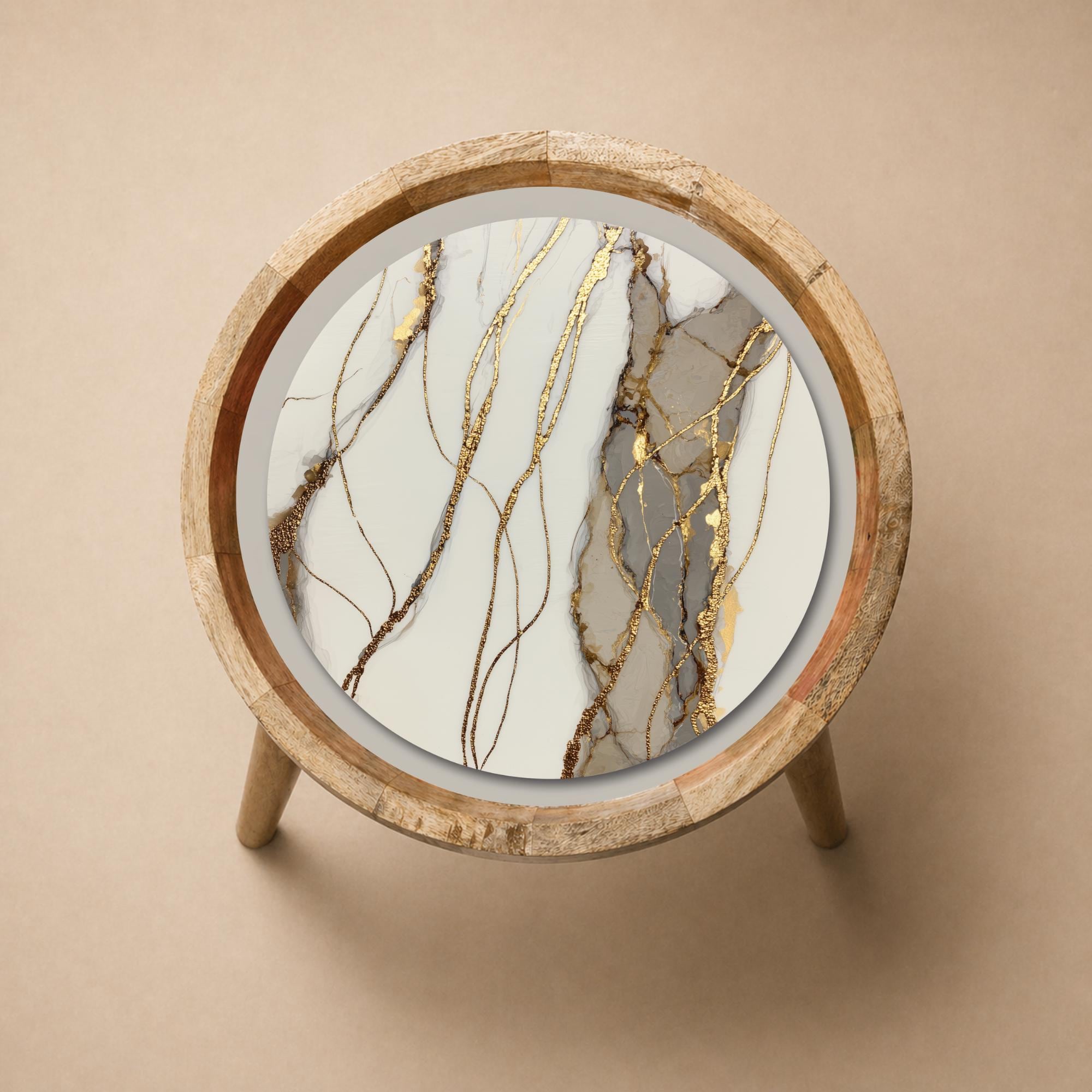 Handmade Marble Print Mango Wood Side Table | Gold Vein Accent Furniture