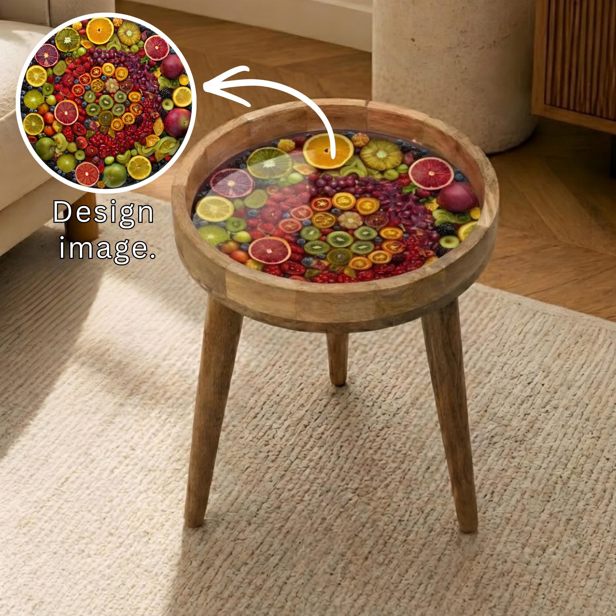 Handmade Mango Wood Side Table | Vibrant Fruit Print Accent Furniture