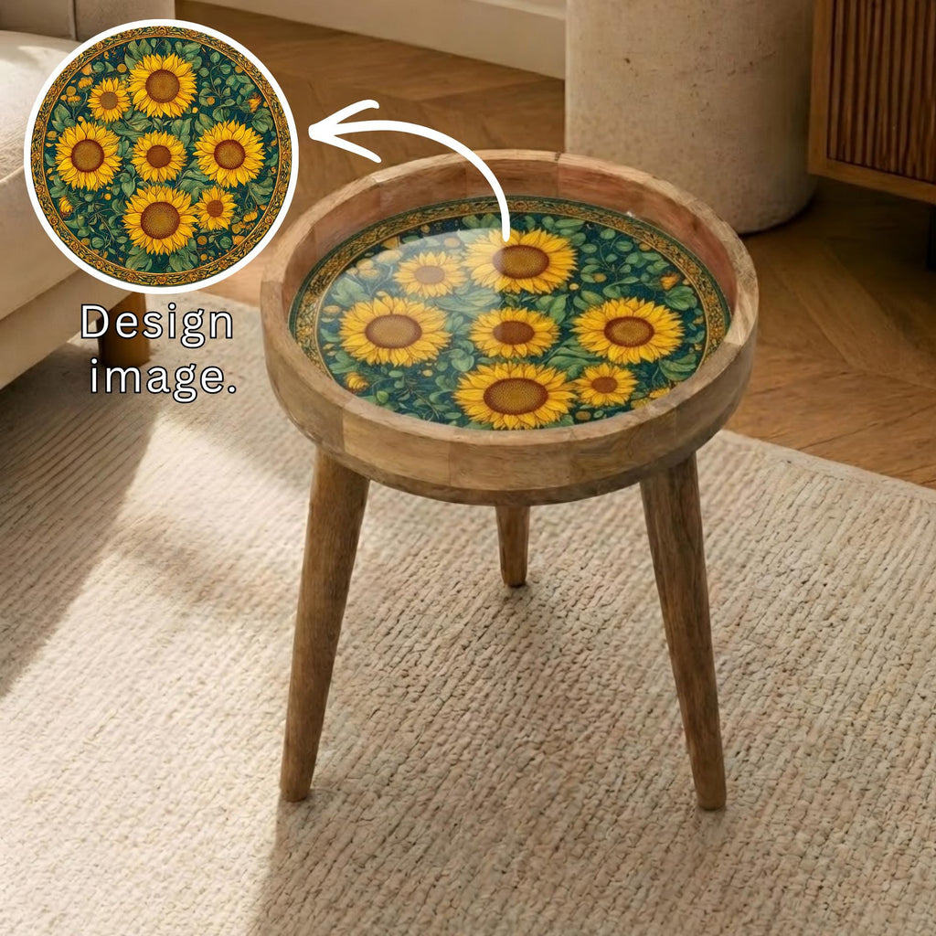 Sunflower Printed Mango Wood Side Table | Boho Farmhouse Accent Furniture