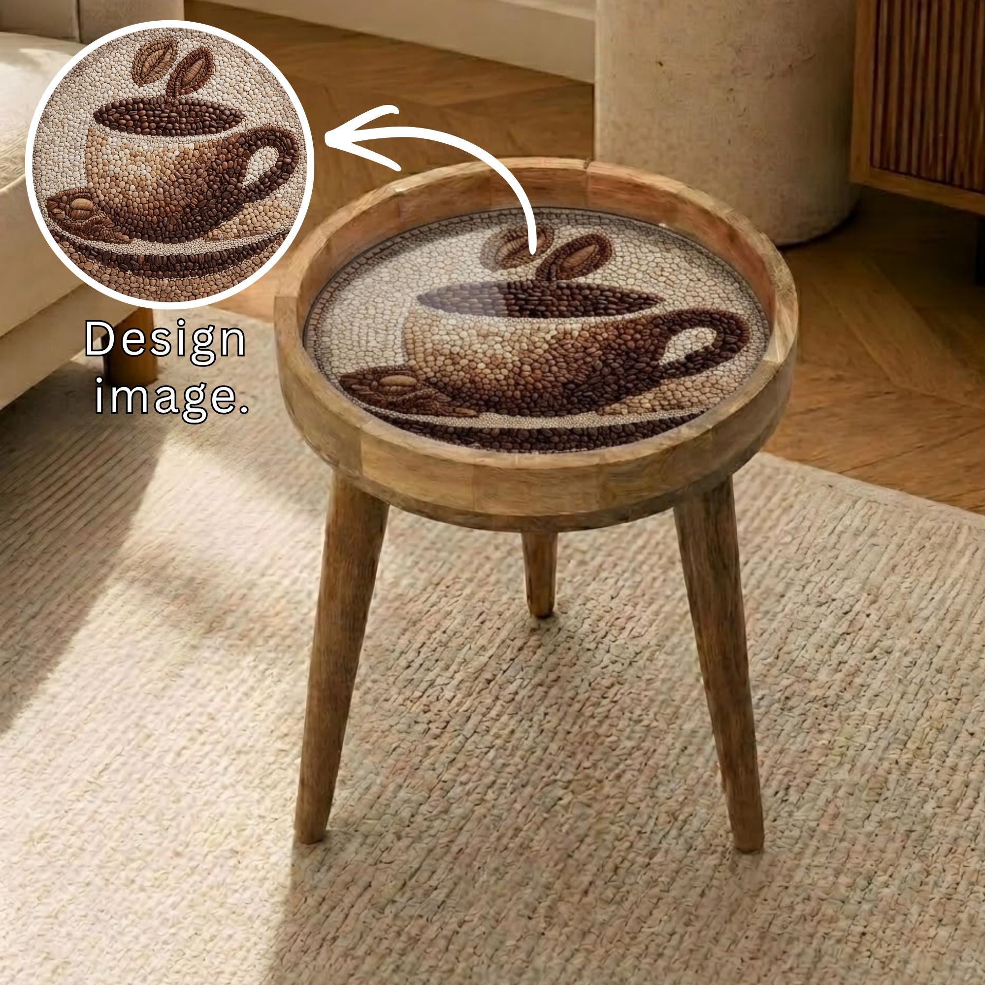 Mango Wood Side Table | Coffee Cup Print, Rustic Farmhouse Accent Furniture