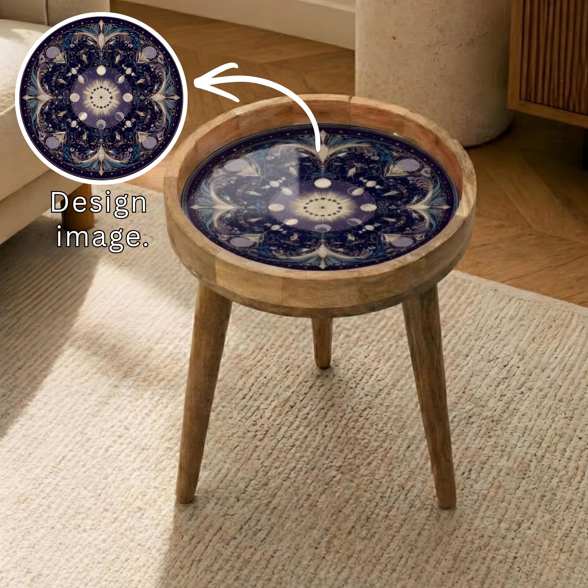 Celestial Mandala Mango Wood Side Table | Boho Cosmic Accent Furniture