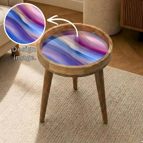 Abstract Mango Wood Side Table | Modern Boho Accent Furniture, Purple Blue Pink Waves