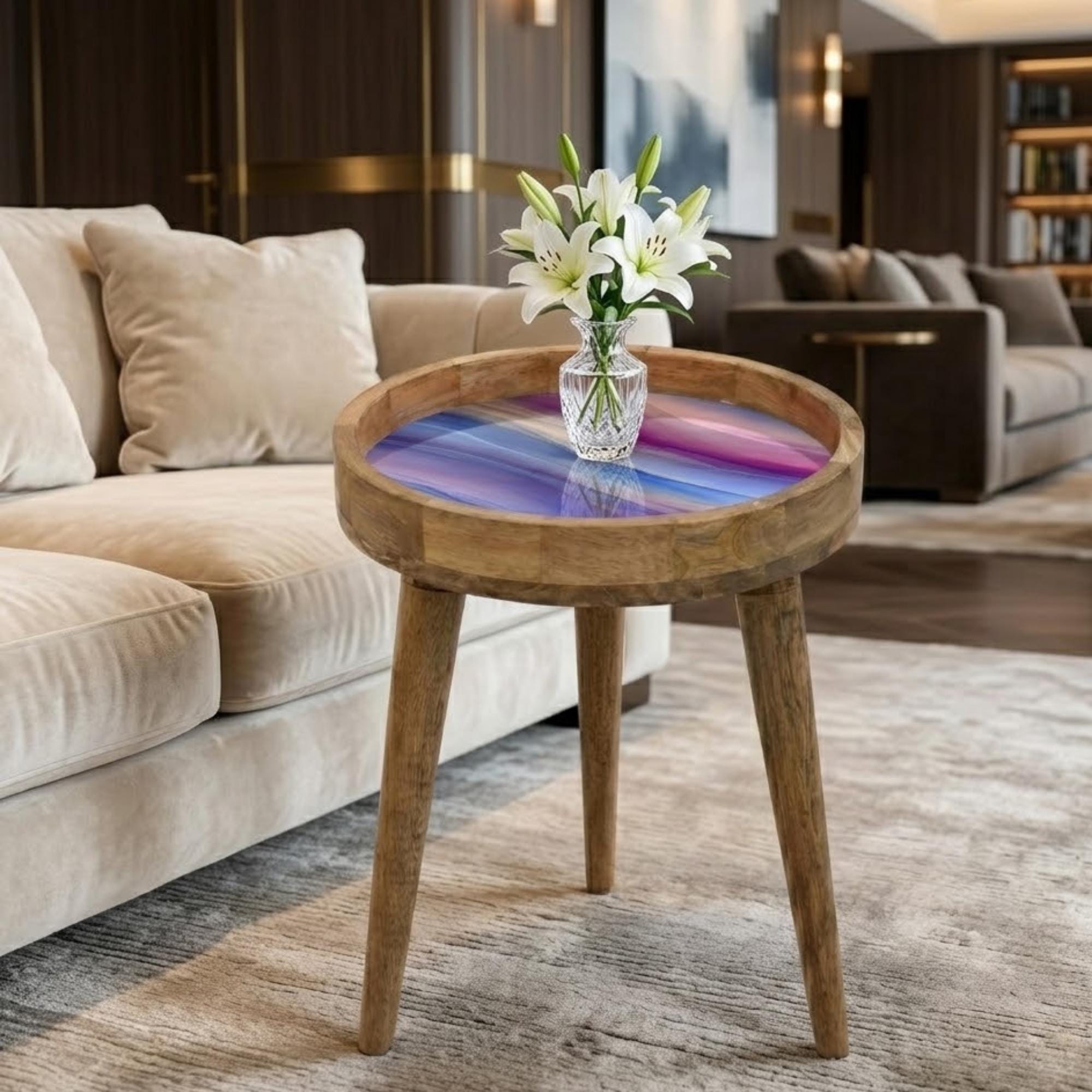 Abstract Mango Wood Side Table | Modern Boho Accent Furniture, Purple Blue Pink Waves