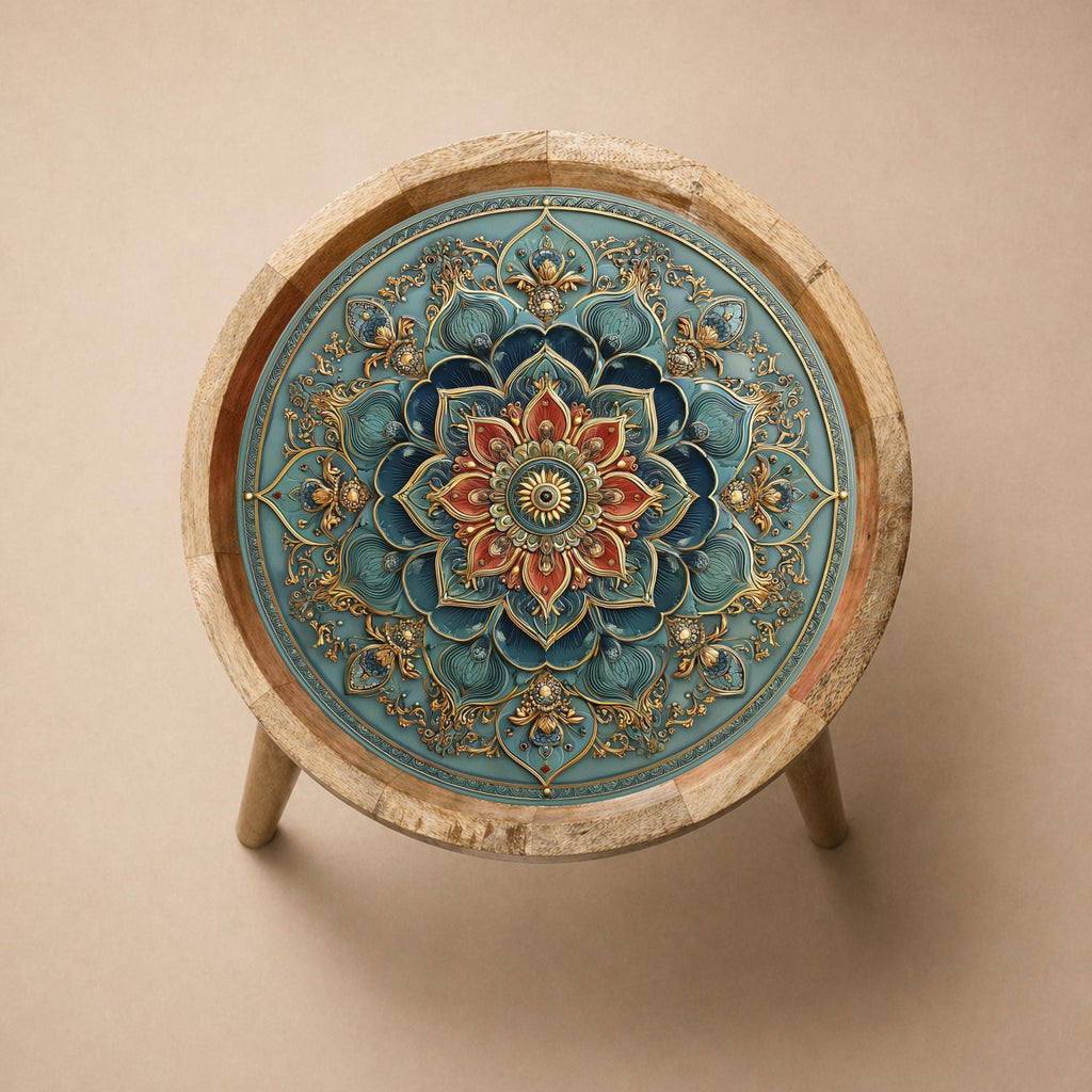 Handmade Mango Wood Side Table | Boho Floral Mandala Accent Furniture