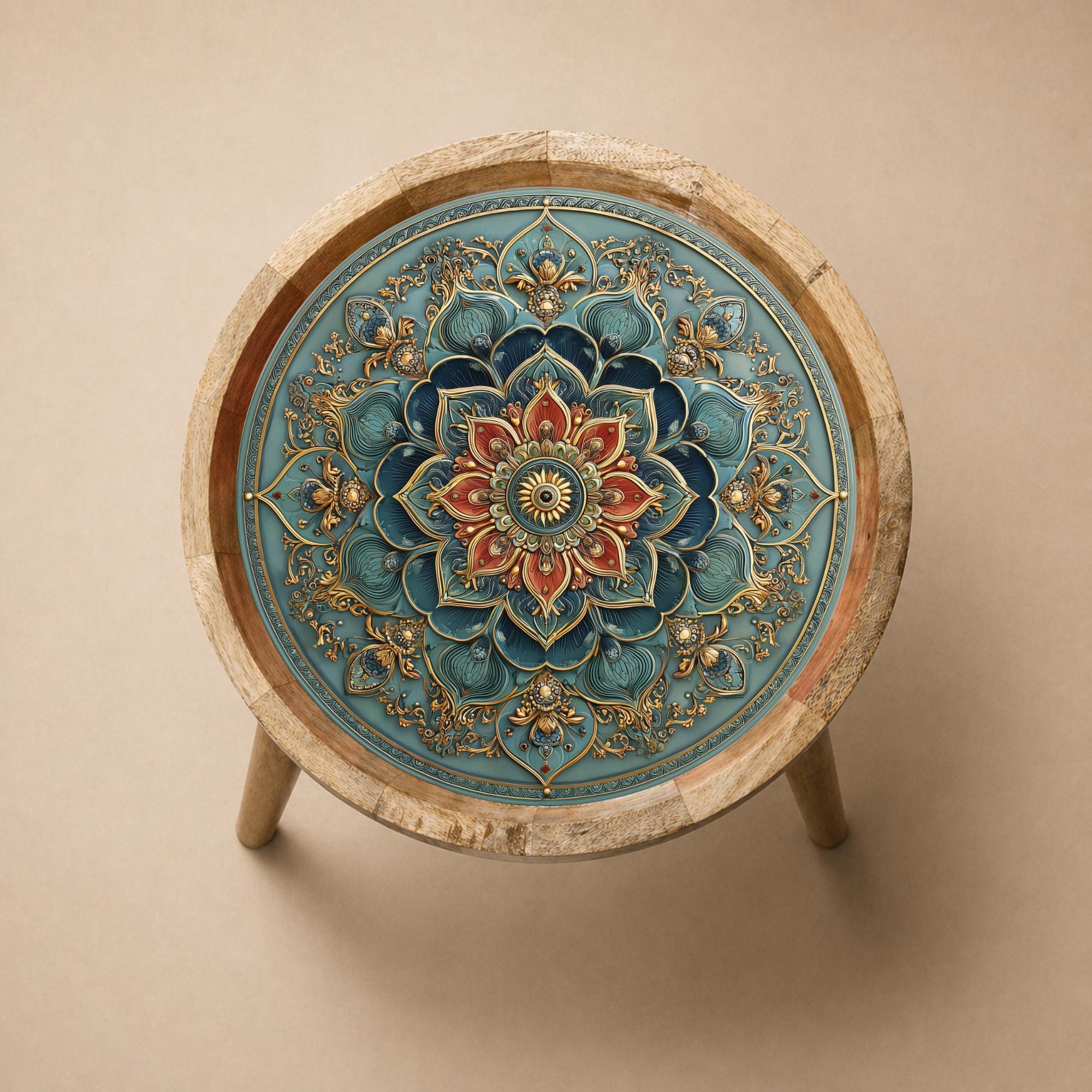 Handmade Mango Wood Side Table | Boho Floral Mandala Accent Furniture