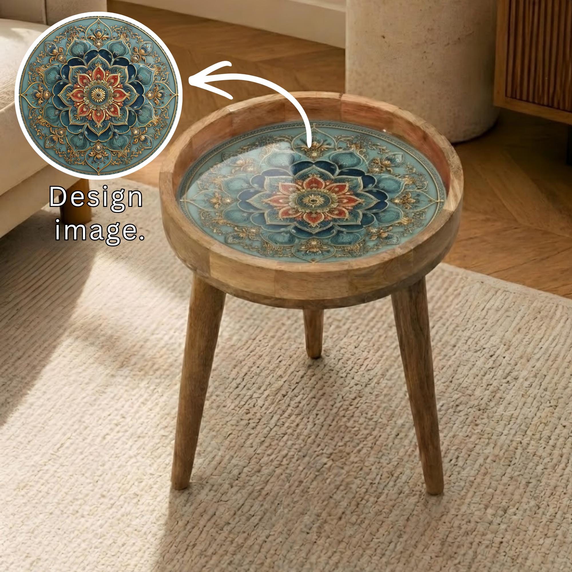 Handmade Mango Wood Side Table | Boho Floral Mandala Accent Furniture