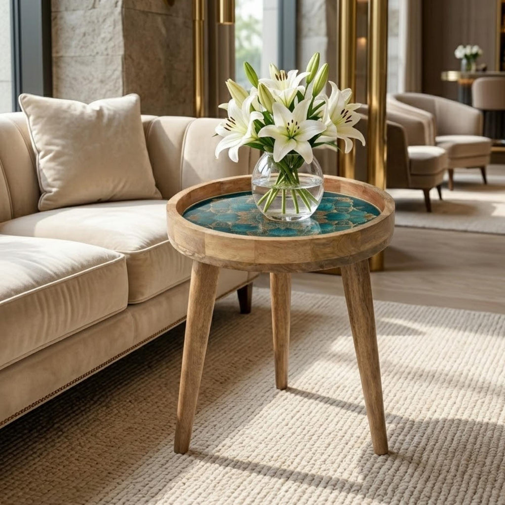 Teal Mandala Mango Wood Side Table | Boho Lotus Accent Furniture