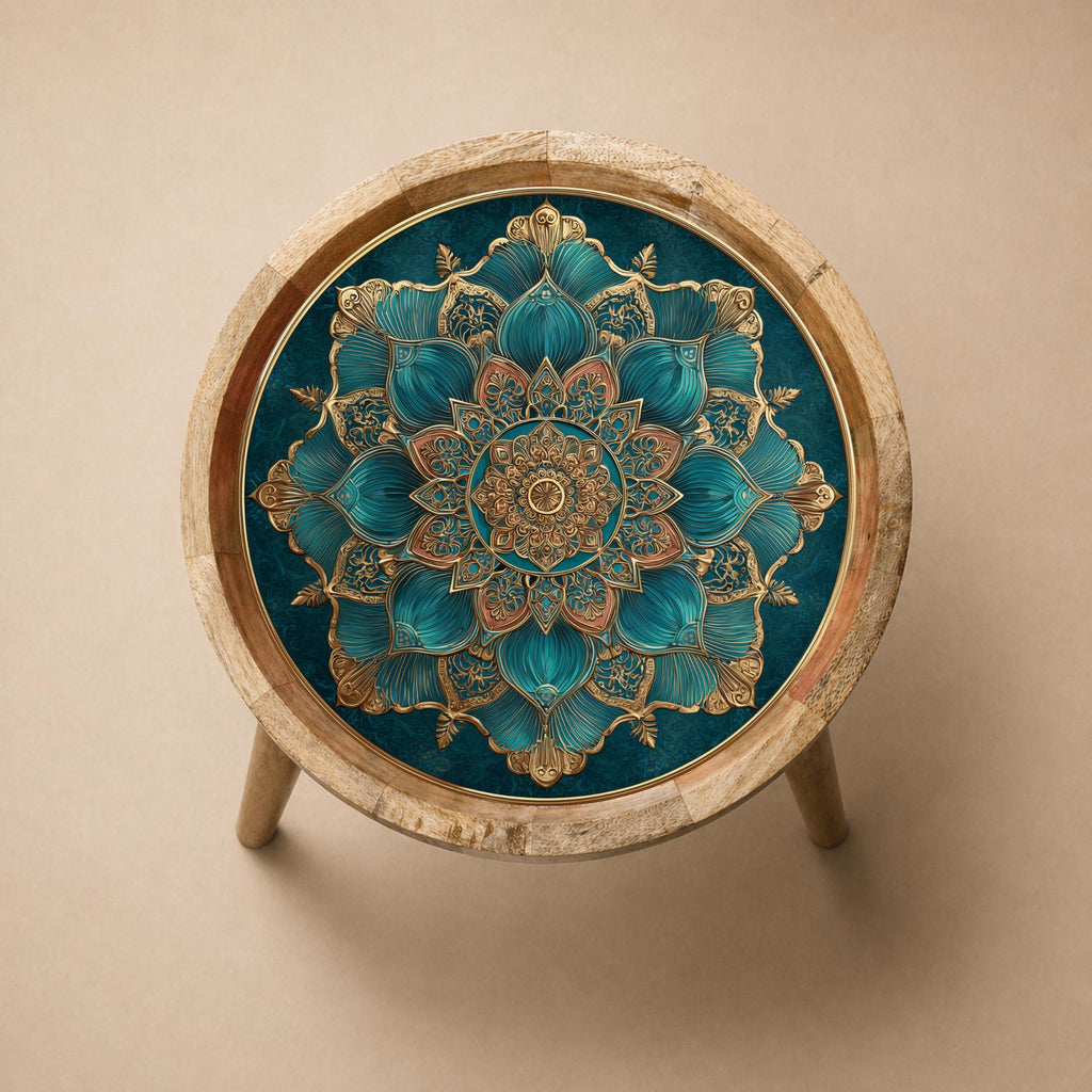 Teal Mandala Mango Wood Side Table | Boho Lotus Accent Furniture