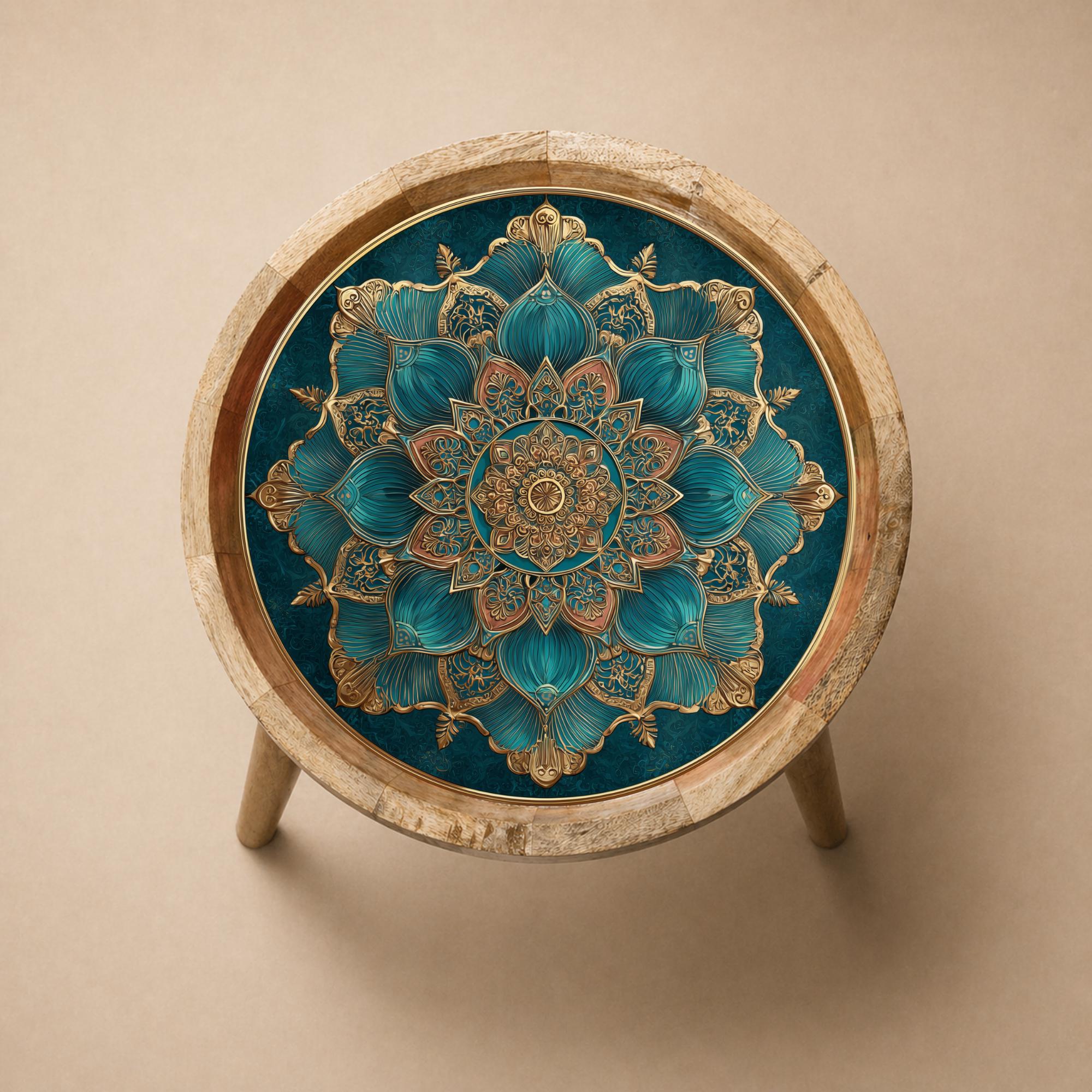 Teal Mandala Mango Wood Side Table | Boho Lotus Accent Furniture
