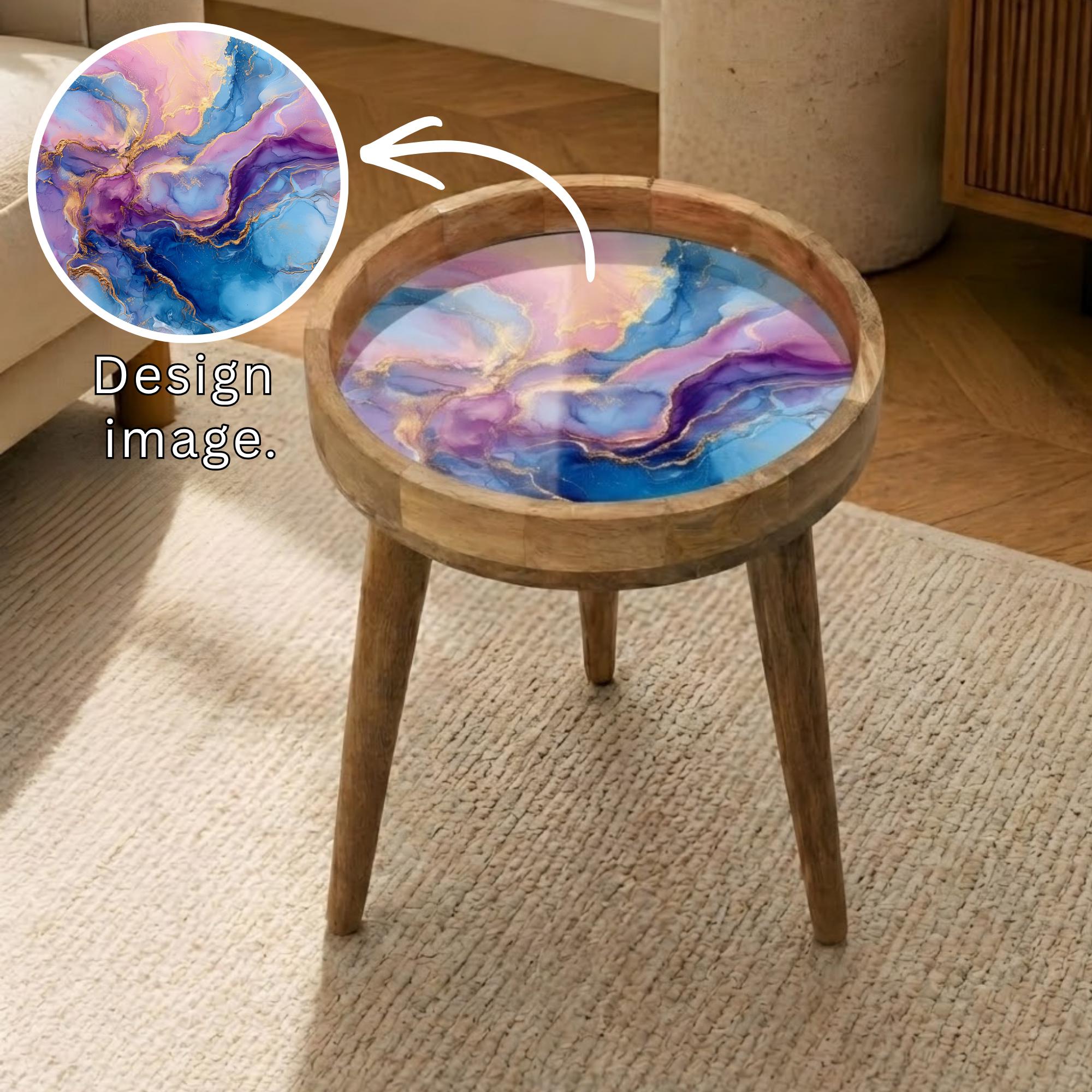 Abstract Marble Mango Wood Side Table | Boho Accent Furniture, Colorful Handmade Accent