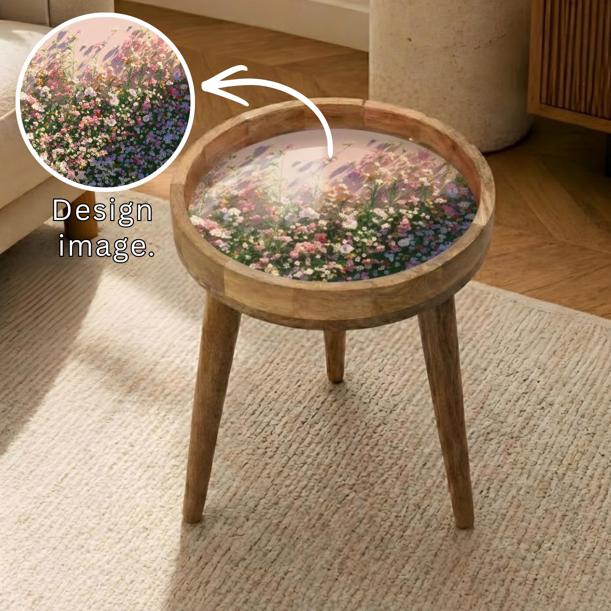 Floral Meadow Printed Mango Wood Side Table | Cottagecore End Table | Handmade Botanical Accent Furniture