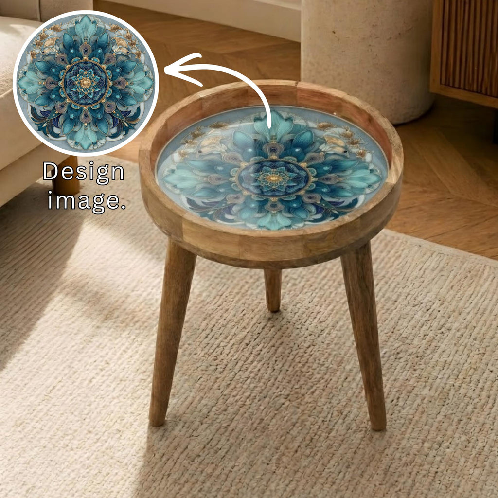 Blue Mandala Mango Wood Side Table | Boho Floral Accent Furniture