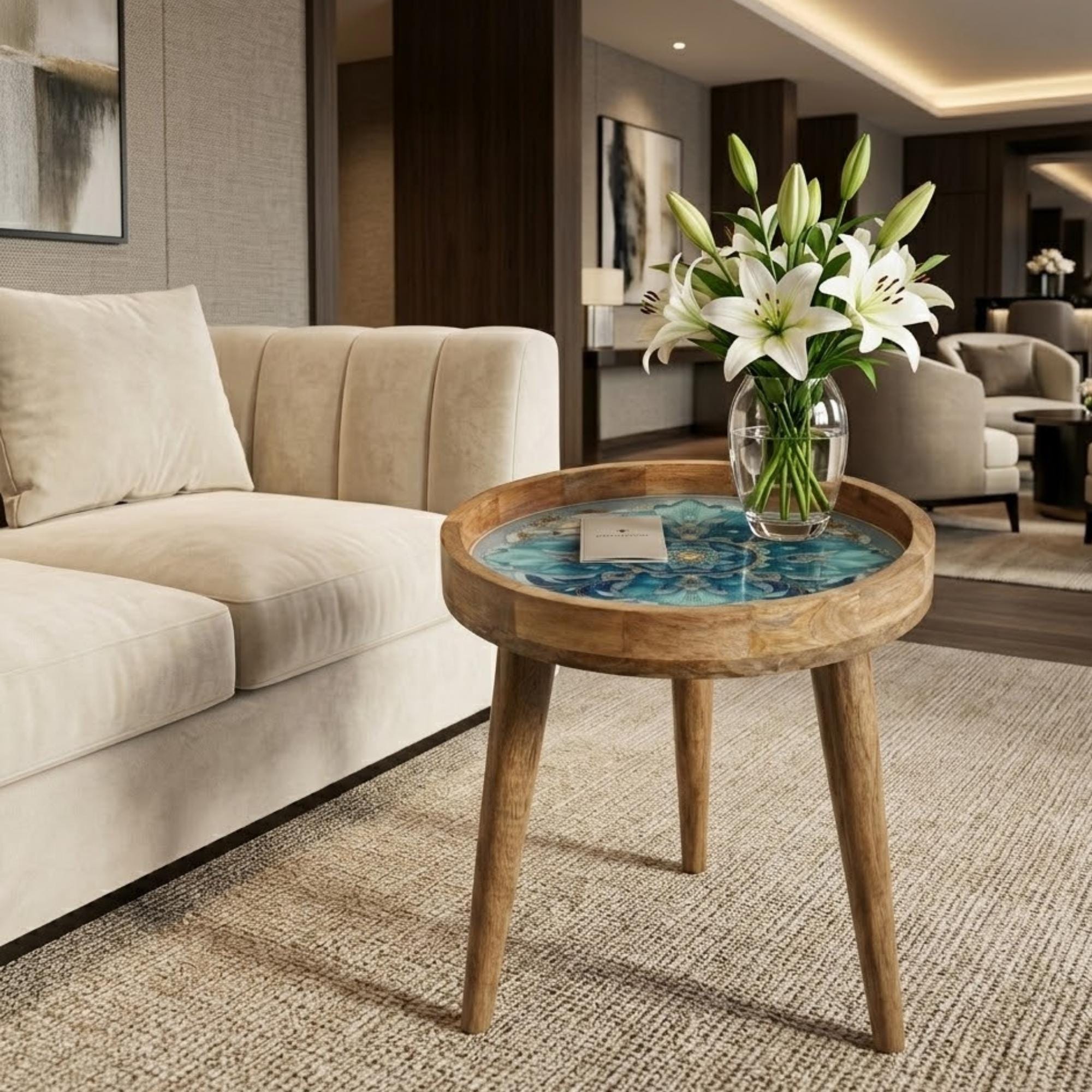 Blue Mandala Mango Wood Side Table | Boho Floral Accent Furniture