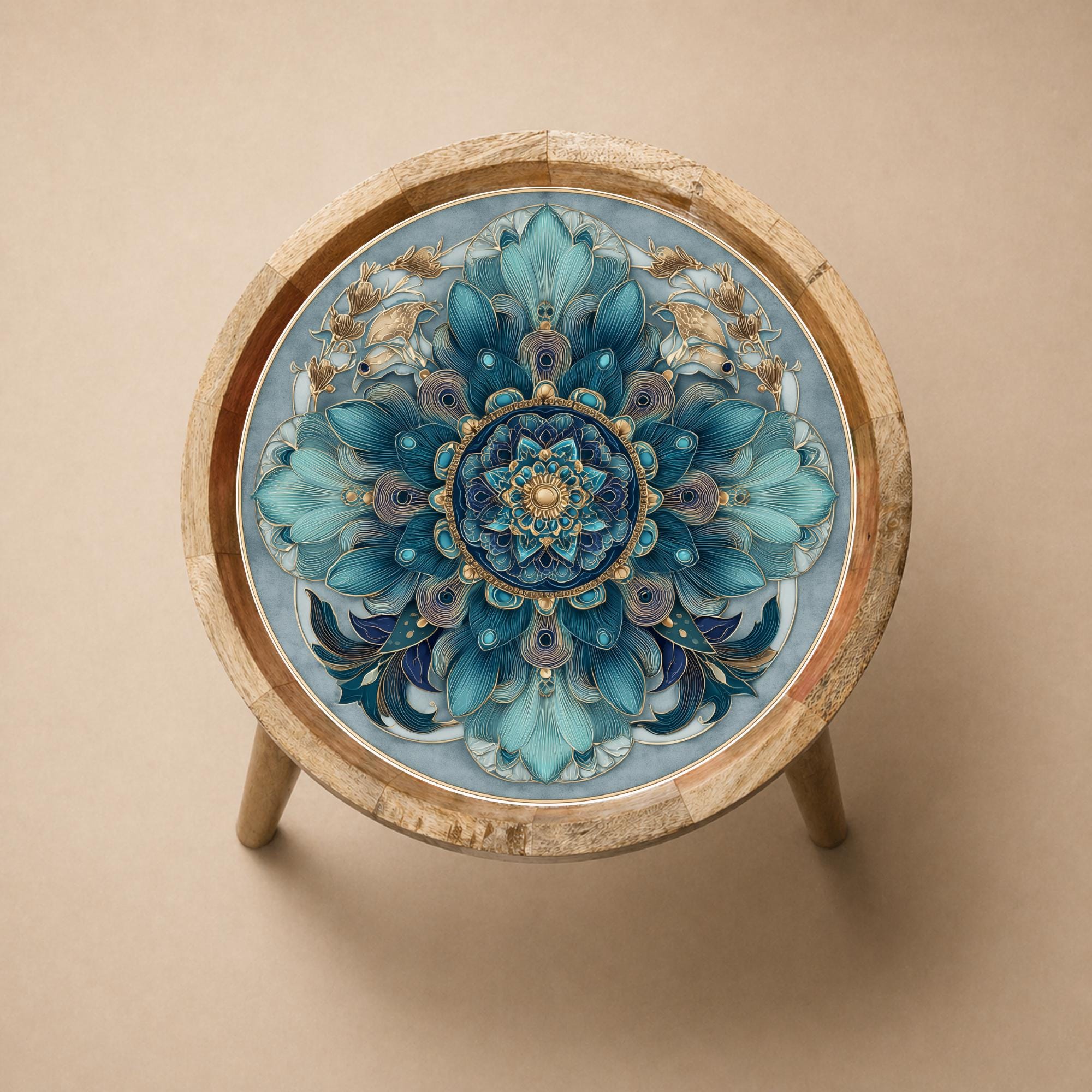 Blue Mandala Mango Wood Side Table | Boho Floral Accent Furniture