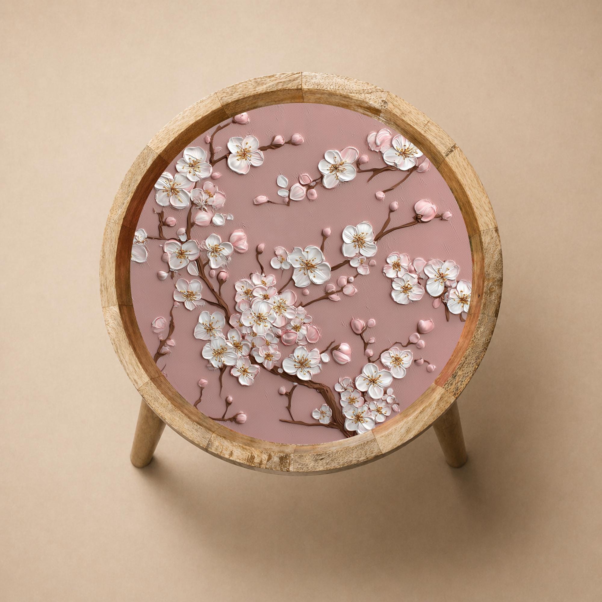 Cherry Blossom Mango Wood Side Table | Pink Floral Cottagecore Accent Furniture
