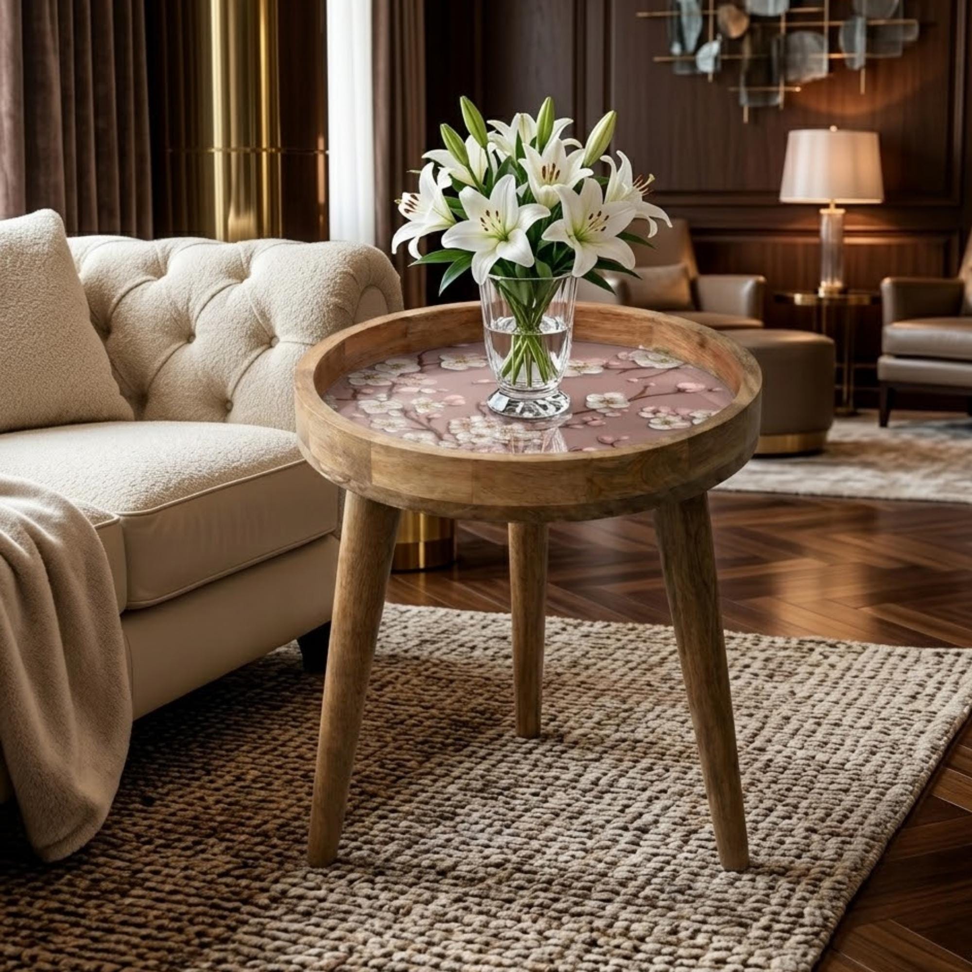 Cherry Blossom Mango Wood Side Table | Pink Floral Cottagecore Accent Furniture