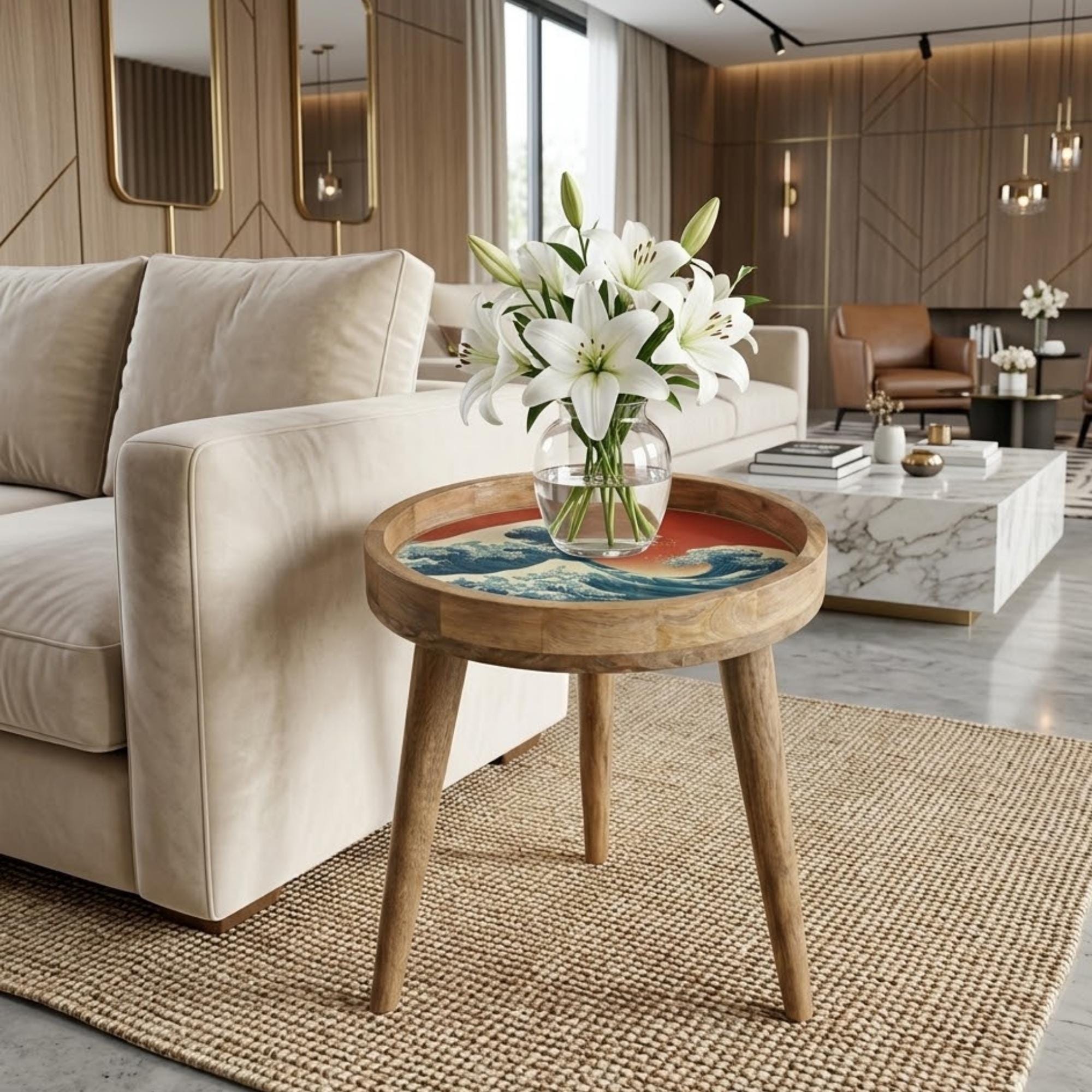 Japanese Wave Mango Wood Side Table | Coastal Ocean Art Accent Furniture