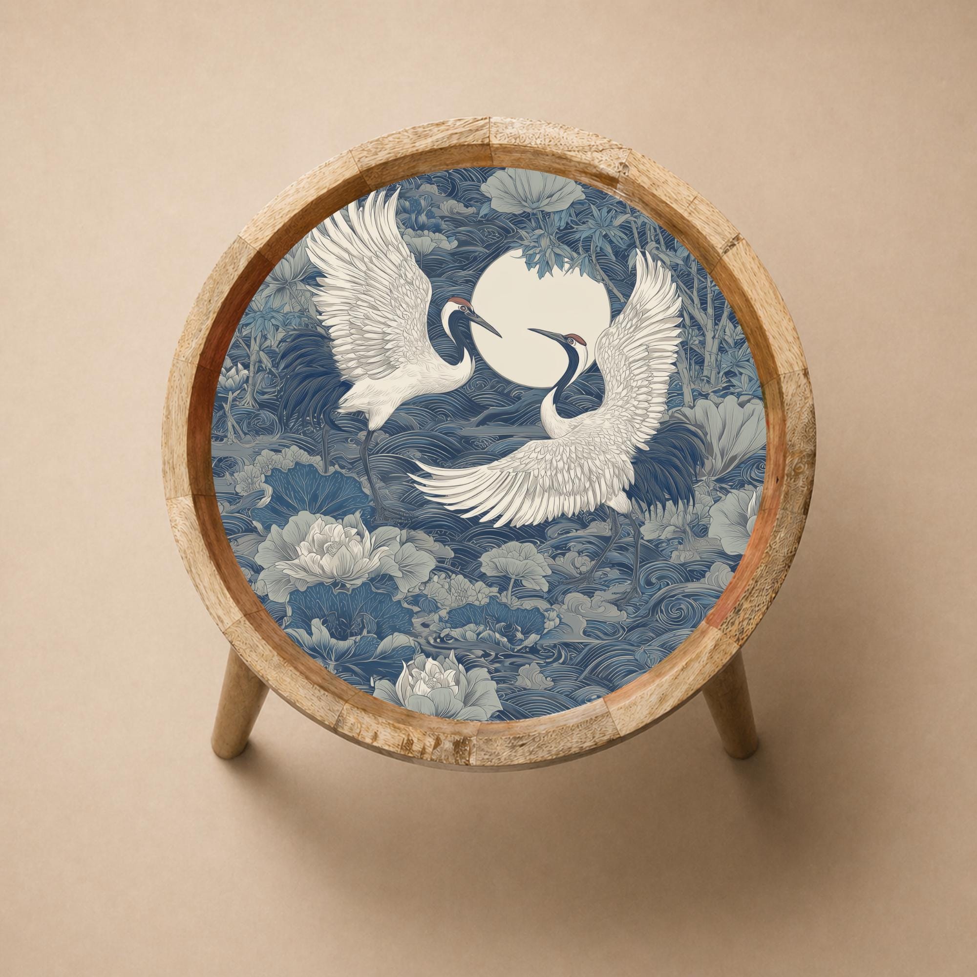 Crane Bird Mango Wood Side Table | Japanese Style Accent Furniture
