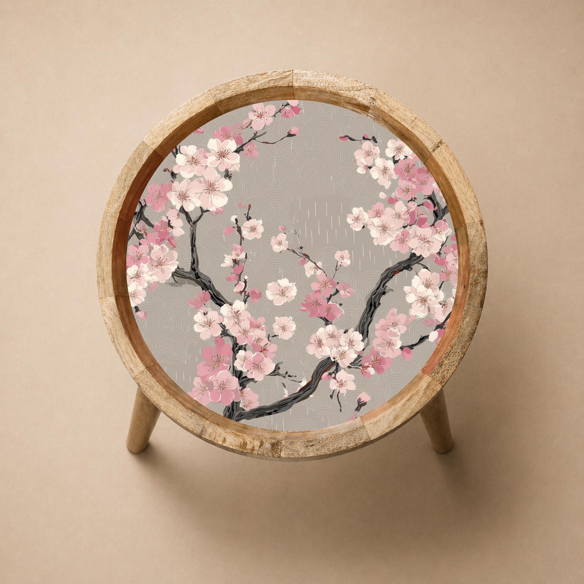 Cherry Blossom Mango Wood Side Table | Japanese Floral Accent Furniture
