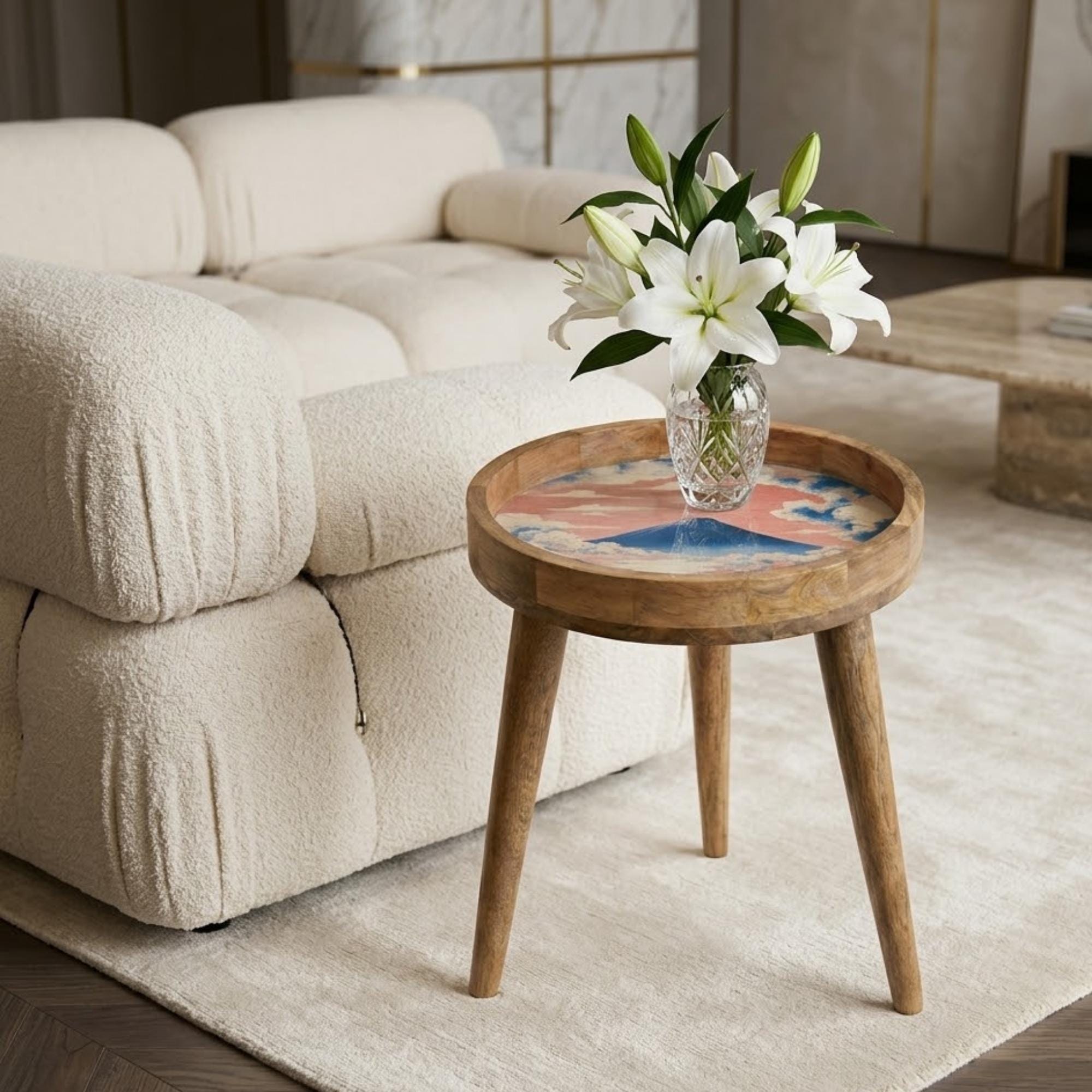 Handmade Mango Wood Side Table | Mount Fuji Japanese Landscape Accent Furniture