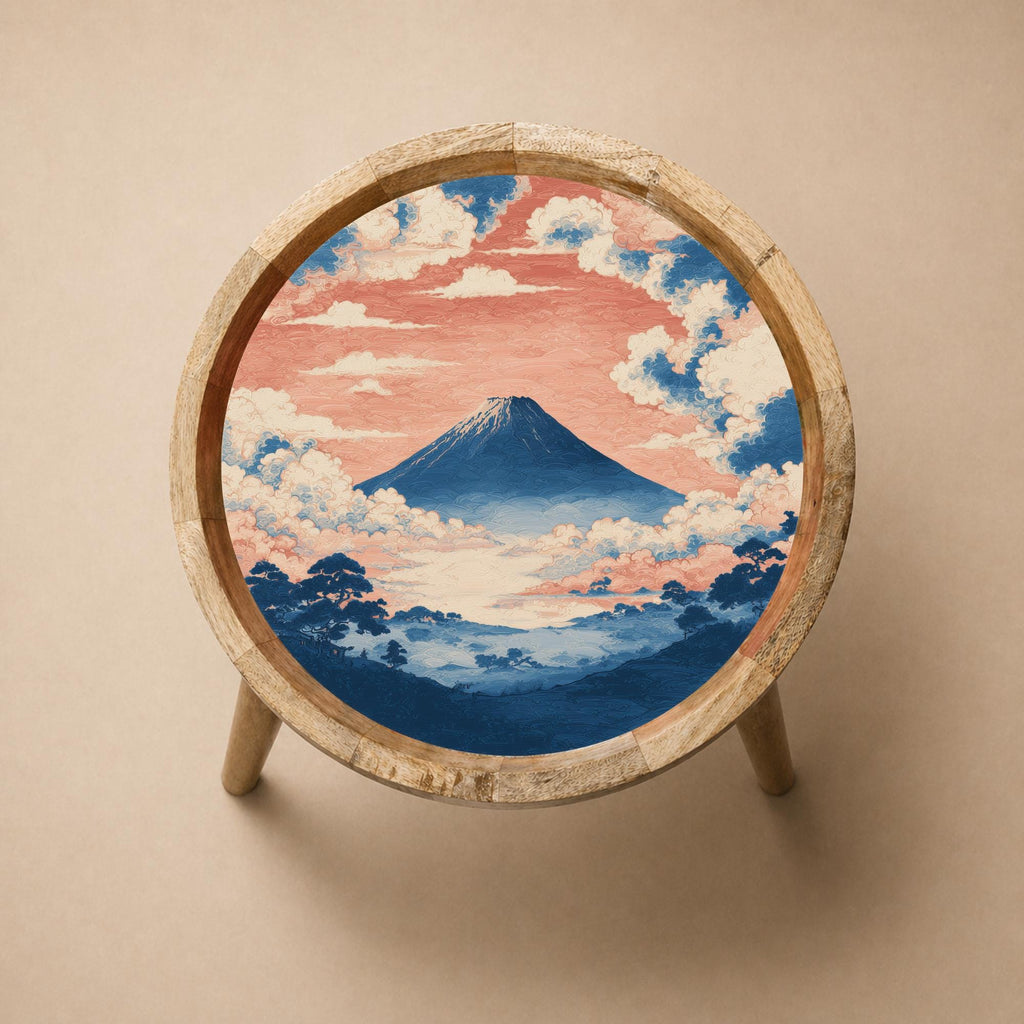 Handmade Mango Wood Side Table | Mount Fuji Japanese Landscape Accent Furniture